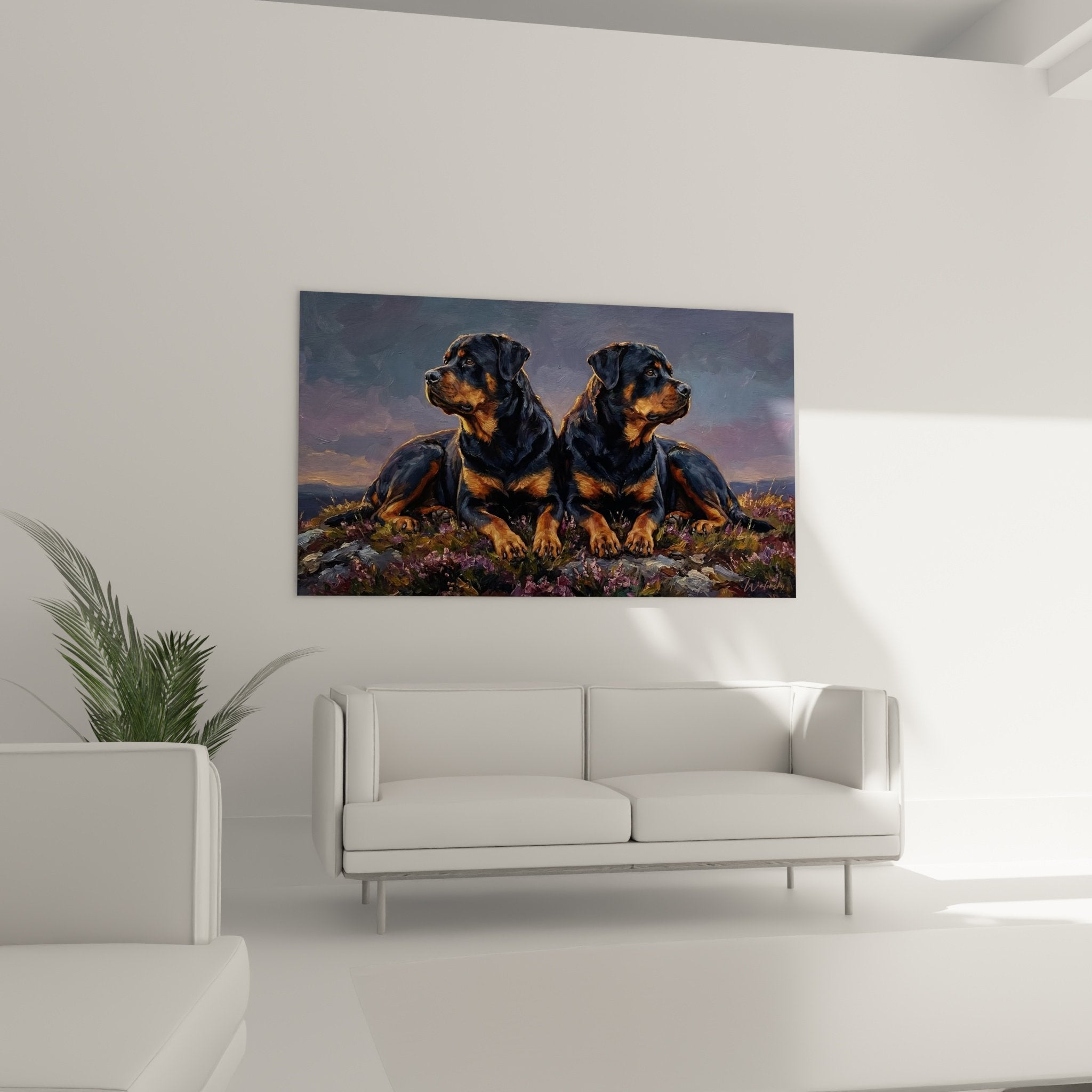 Détail rapproché peinture rottweilers pelage noir feu lumière dorée couchant