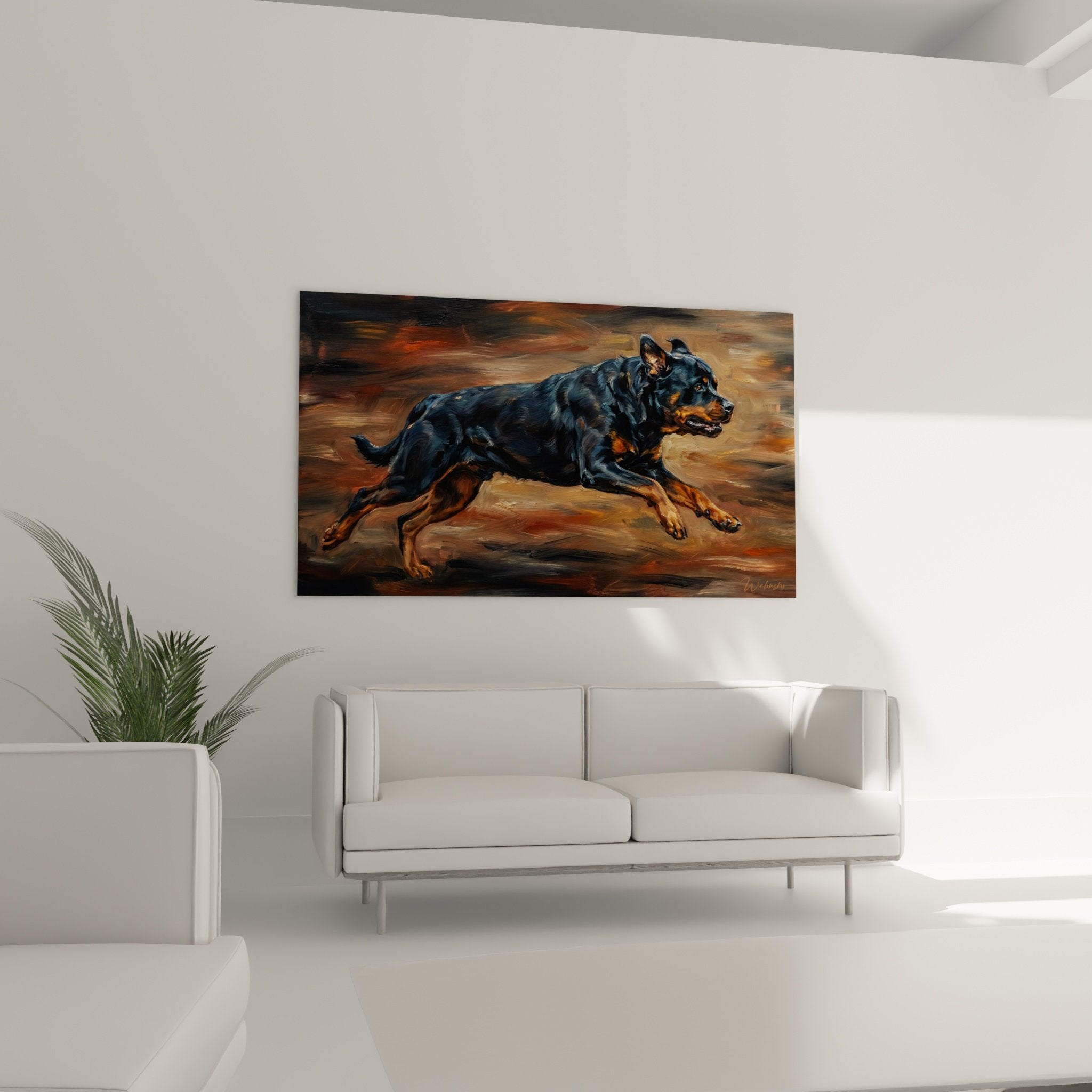 Détail peinture Rottweiler course, coups pinceau expressifs robe noire feu, technique artistique mouvement