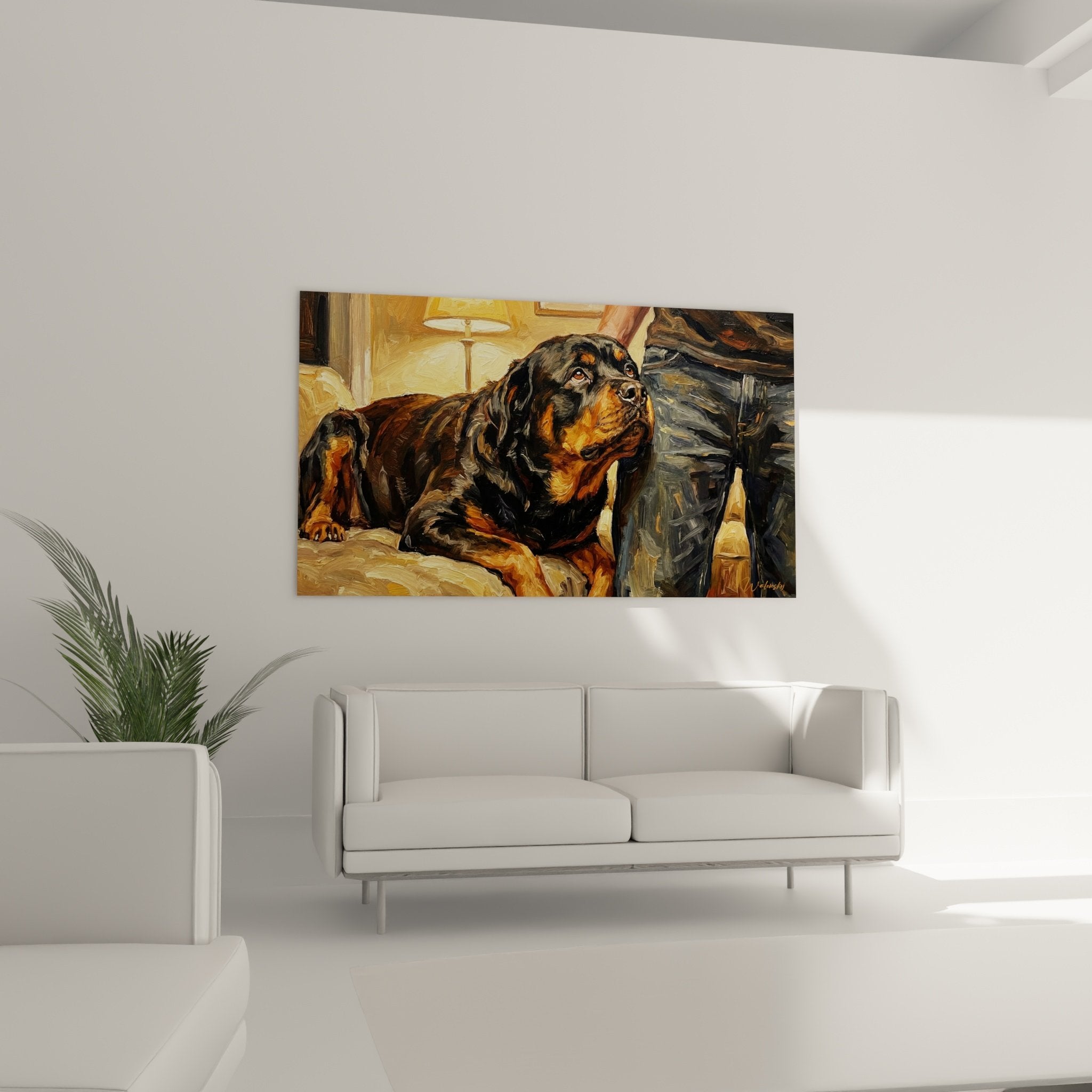 Détail peinture Rottweiler coups de pinceau expressifs pelage noir museau orange yeux brillants