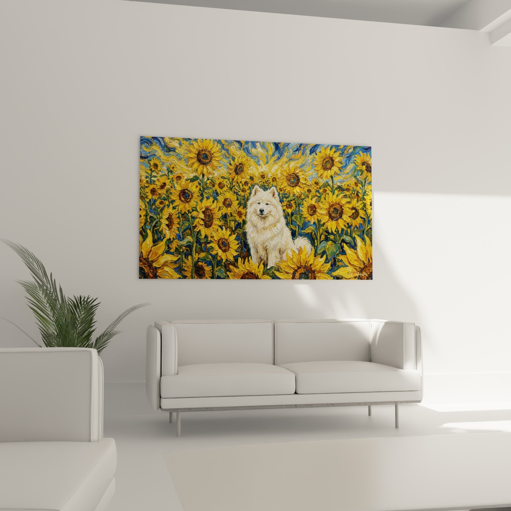 Détail peinture Samoyède pelage blanc tournesols dorés technique pinceau expressif art mural