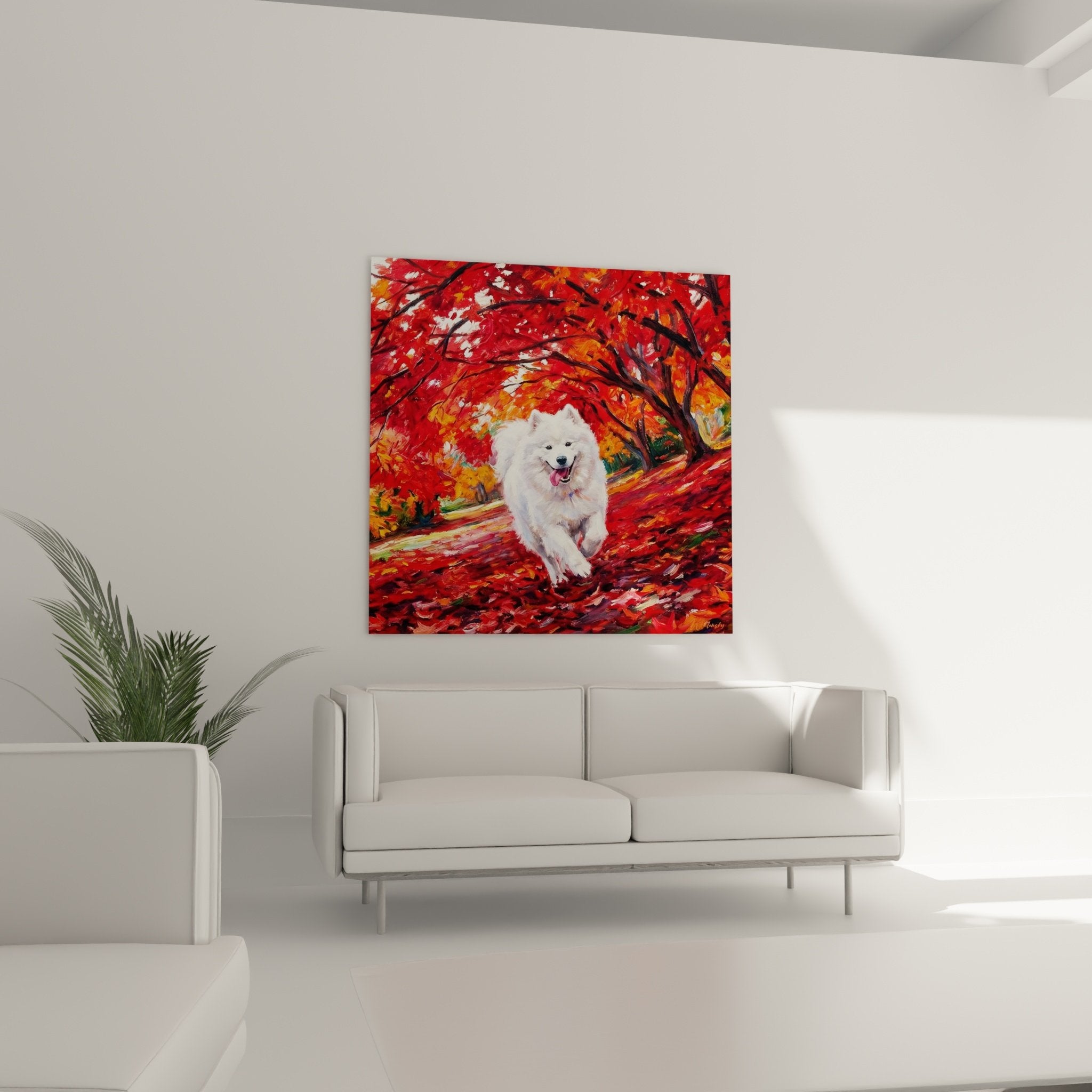 Détail rapproché du tableau montrant la technique picturale et les couleurs vives du feuillage automnal