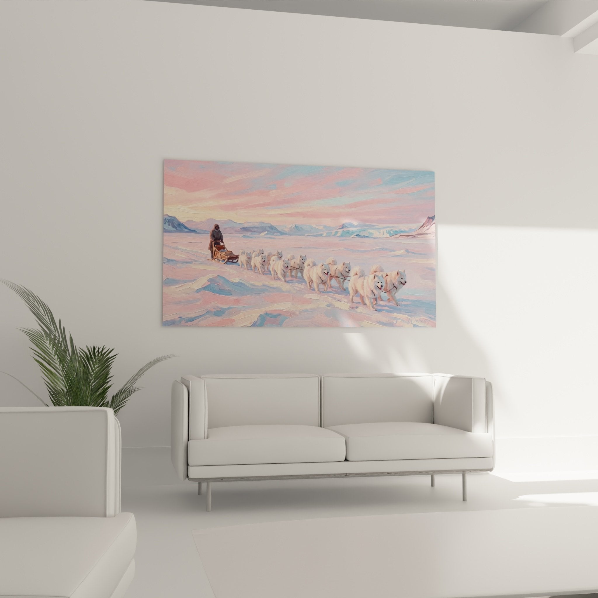 Detail tableau samoyede chien blanc traineau neige texture peinture coups pinceau art arctique