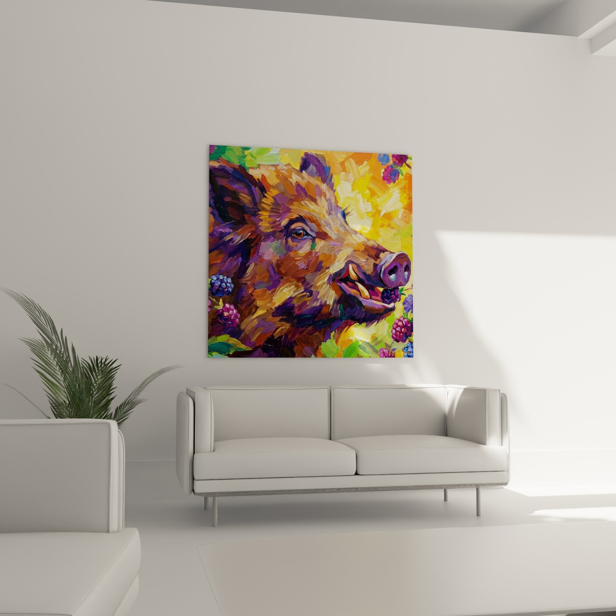 Wild boar painting detail textured brushstrokes deep purple luminous orange impressionist style