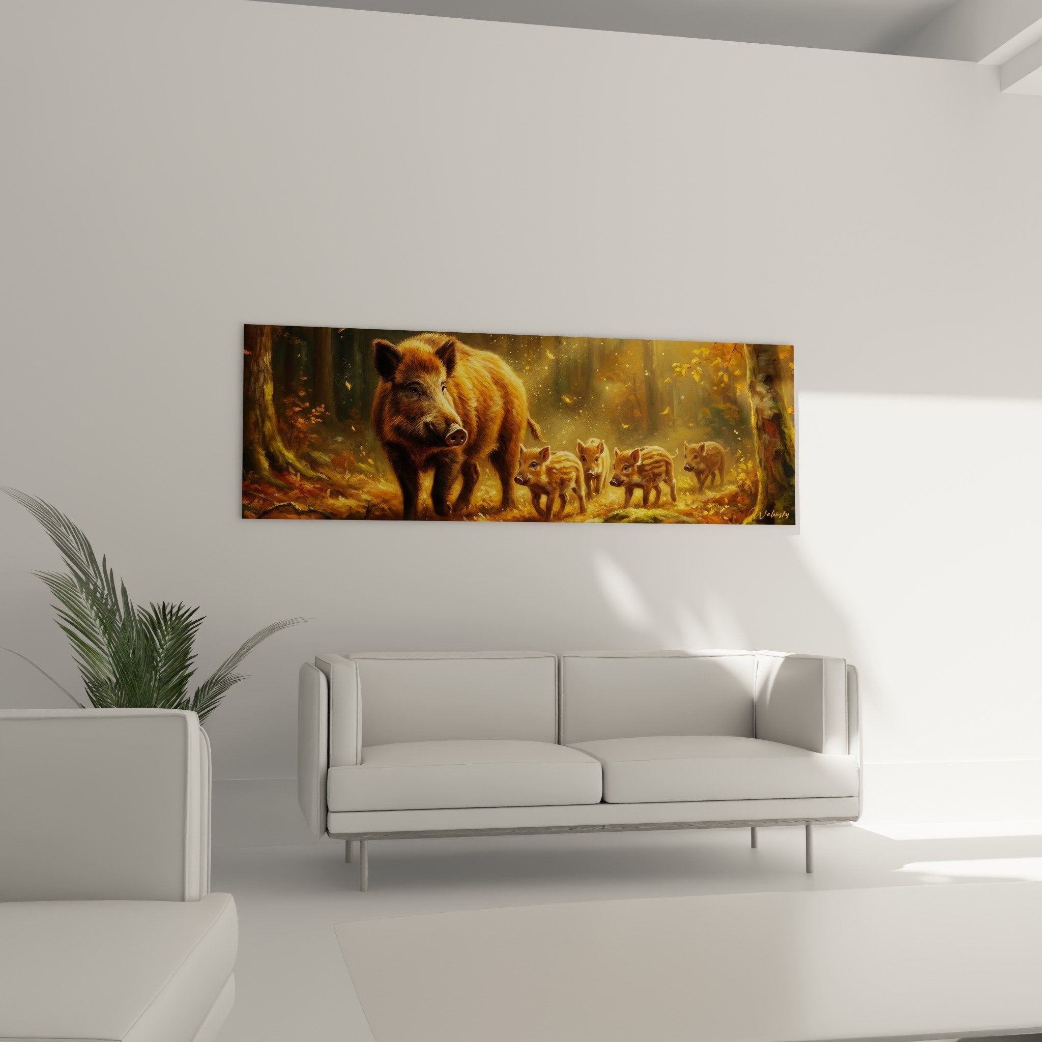Boar painting detail textured brushstrokes golden highlights forest light artistic