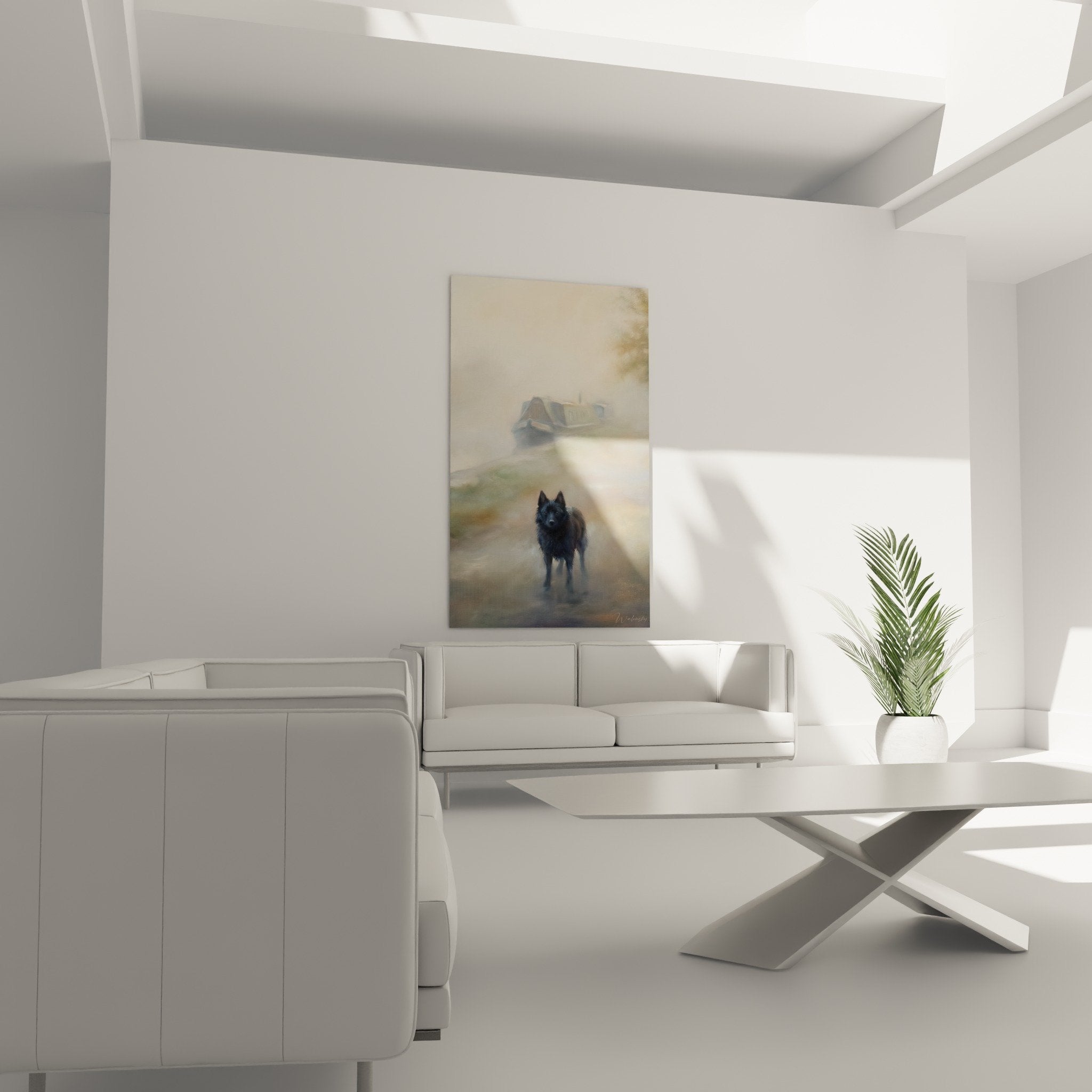 Dettaglio dipinto Schipperke malinconico tecnica impressionista sfocata toni beige e grigio atmosferico