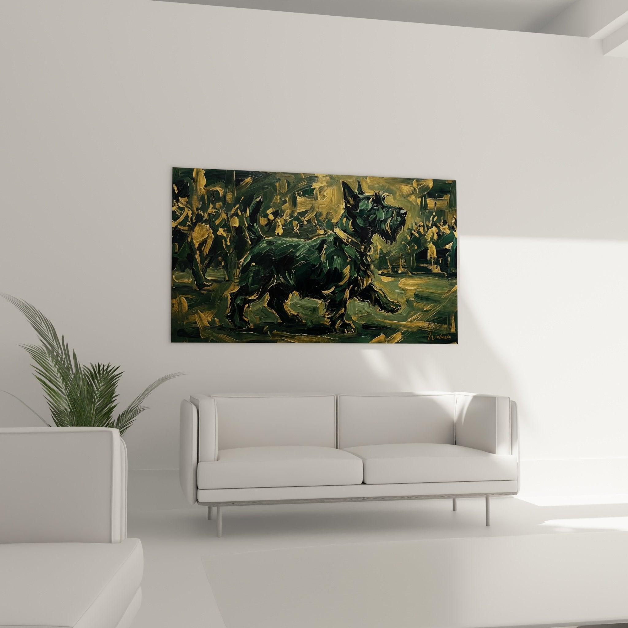 detail peinture expressive scottish terrier coups pinceau visibles texture epaisse reflets dores