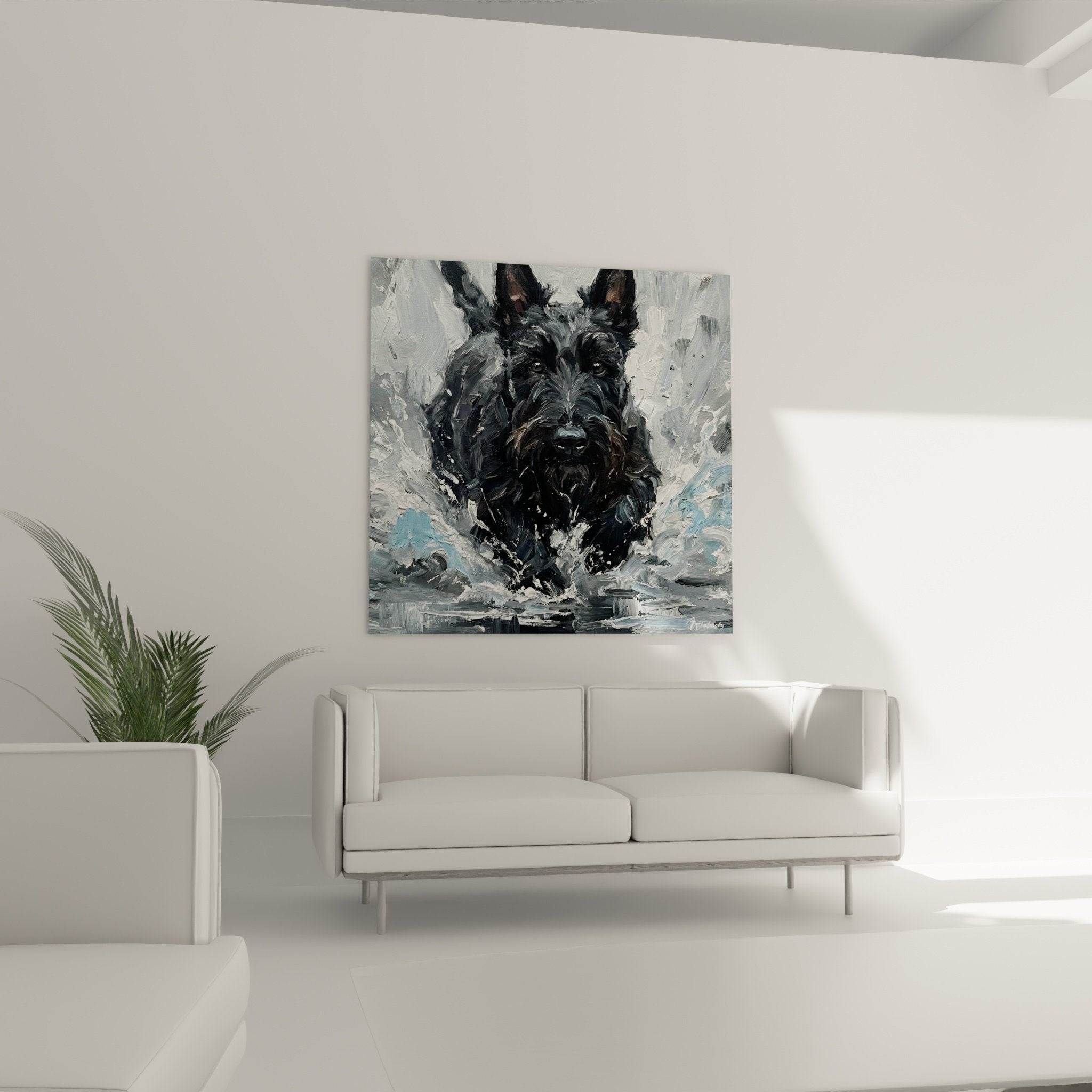 Detail peinture scottish terrier pelage noir eclaboussures blanches texture