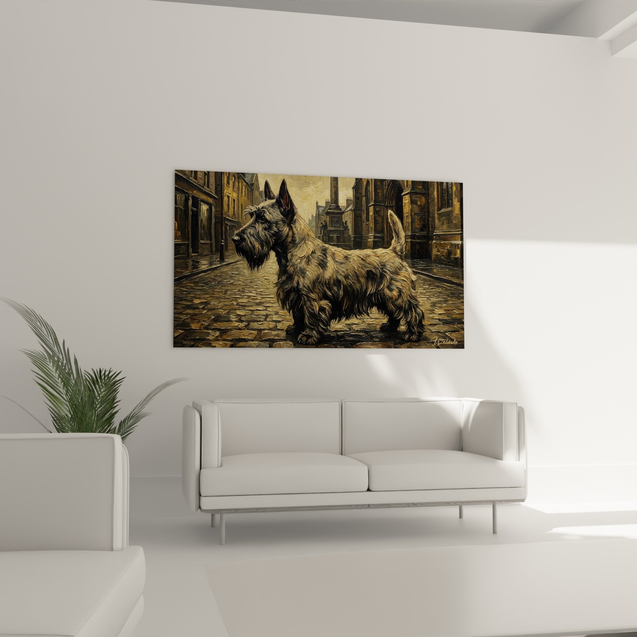 Detail peinture Scottish Terrier pelage gris texture pinceau technique artistique realiste