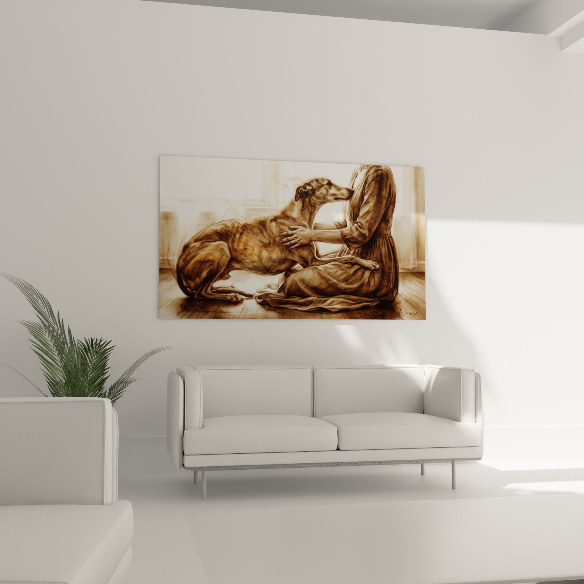 Détail peinture sépia révélant la complicité entre femme et lévrier aux tons ocre et dorés