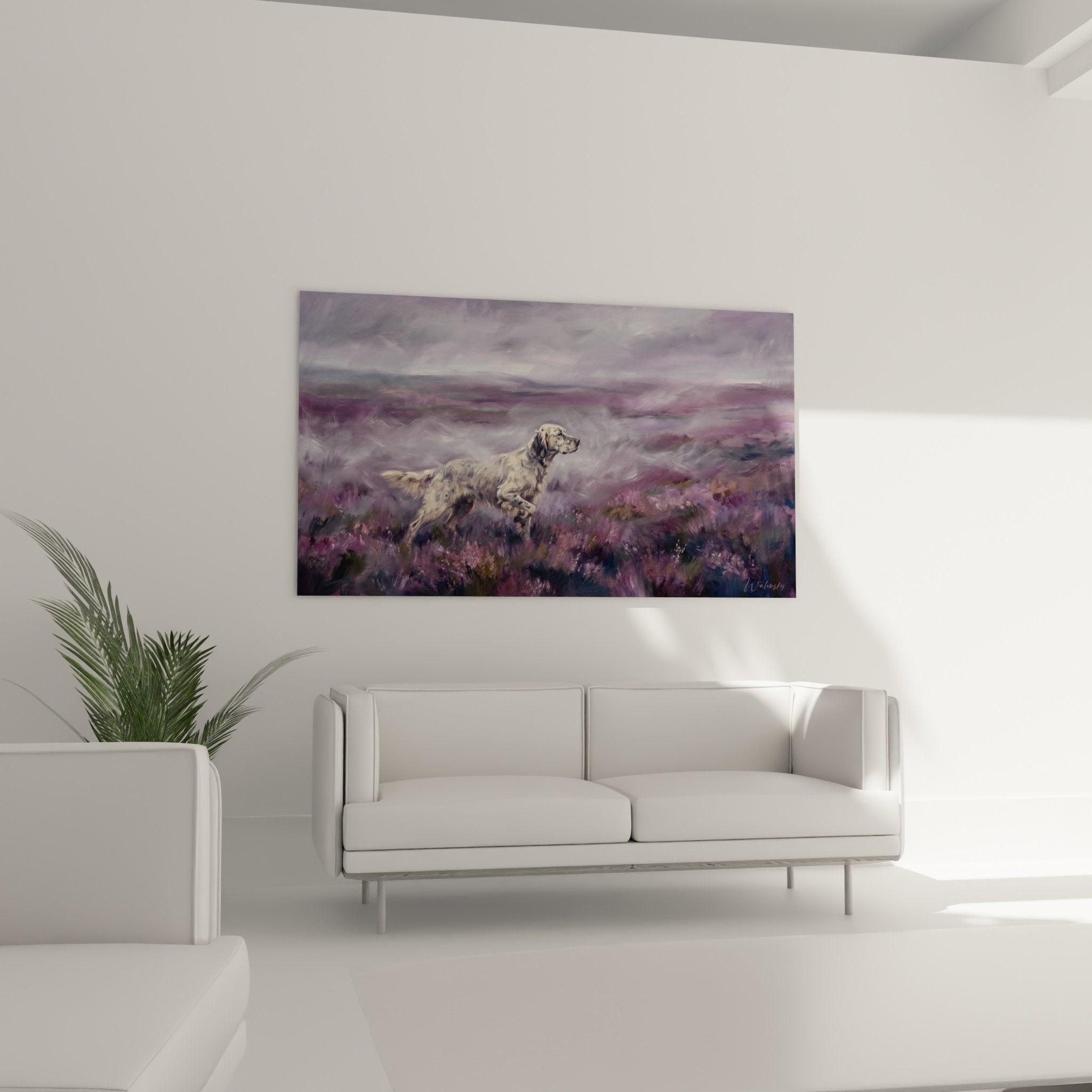 Detail peinture setter anglais pelage dore contraste bruyeres violettes technique impressionniste
