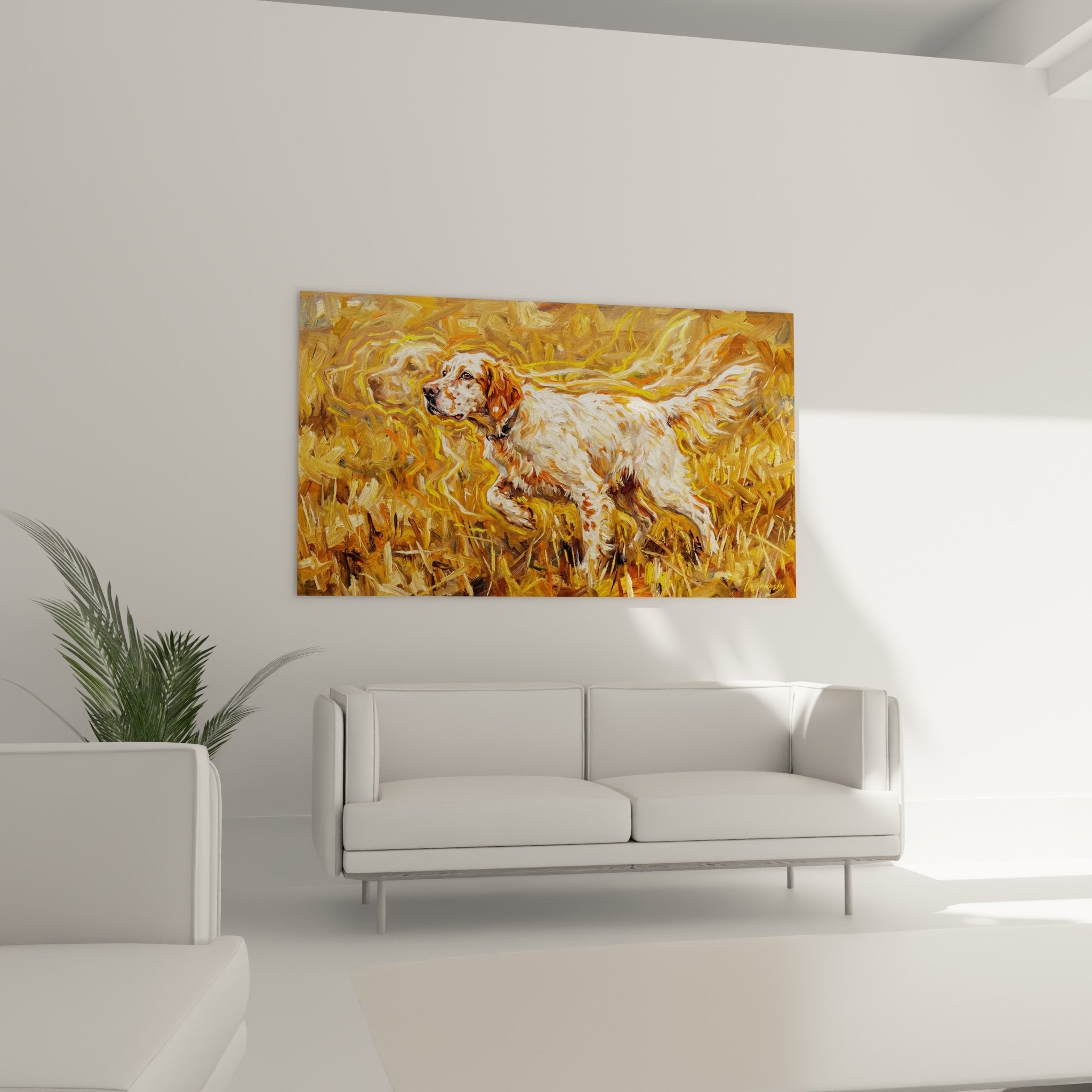 Detail peinture setter anglais texture empate coups pinceau expressifs palette couleurs chaudes