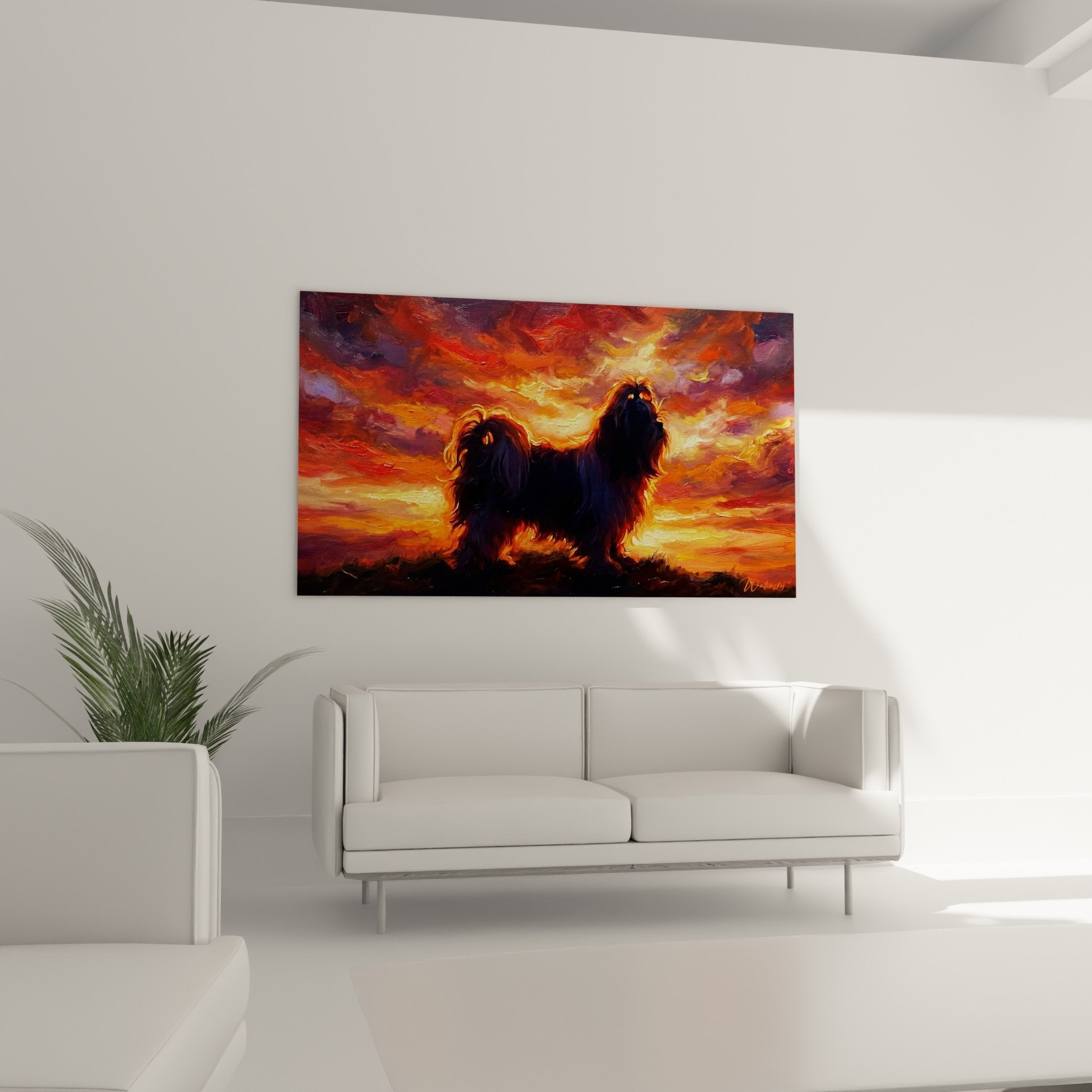Dettaglio dipinto Shih Tzu silhouette pelo lungo tramonto texture pennellata visibile
