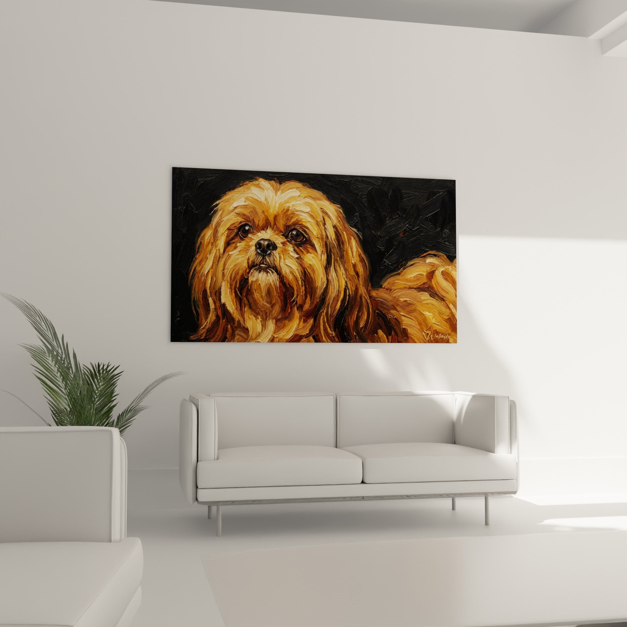 Detail peinture Shih Tzu fourrure doree cuivree textures pinceaux reflets lumineux fond anthracite