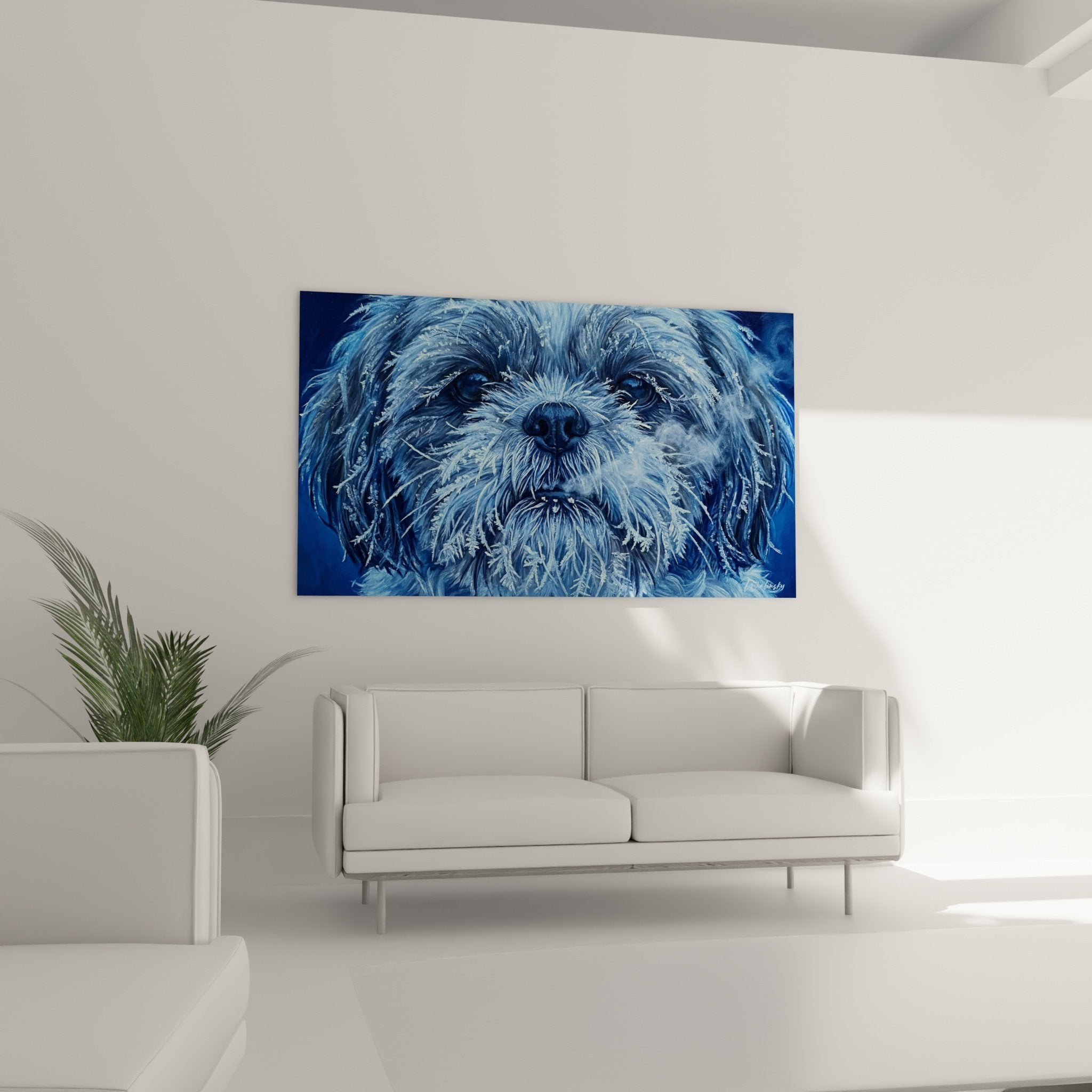 Détail portrait Shih Tzu peinture bleue texture pelage coups pinceau artistique