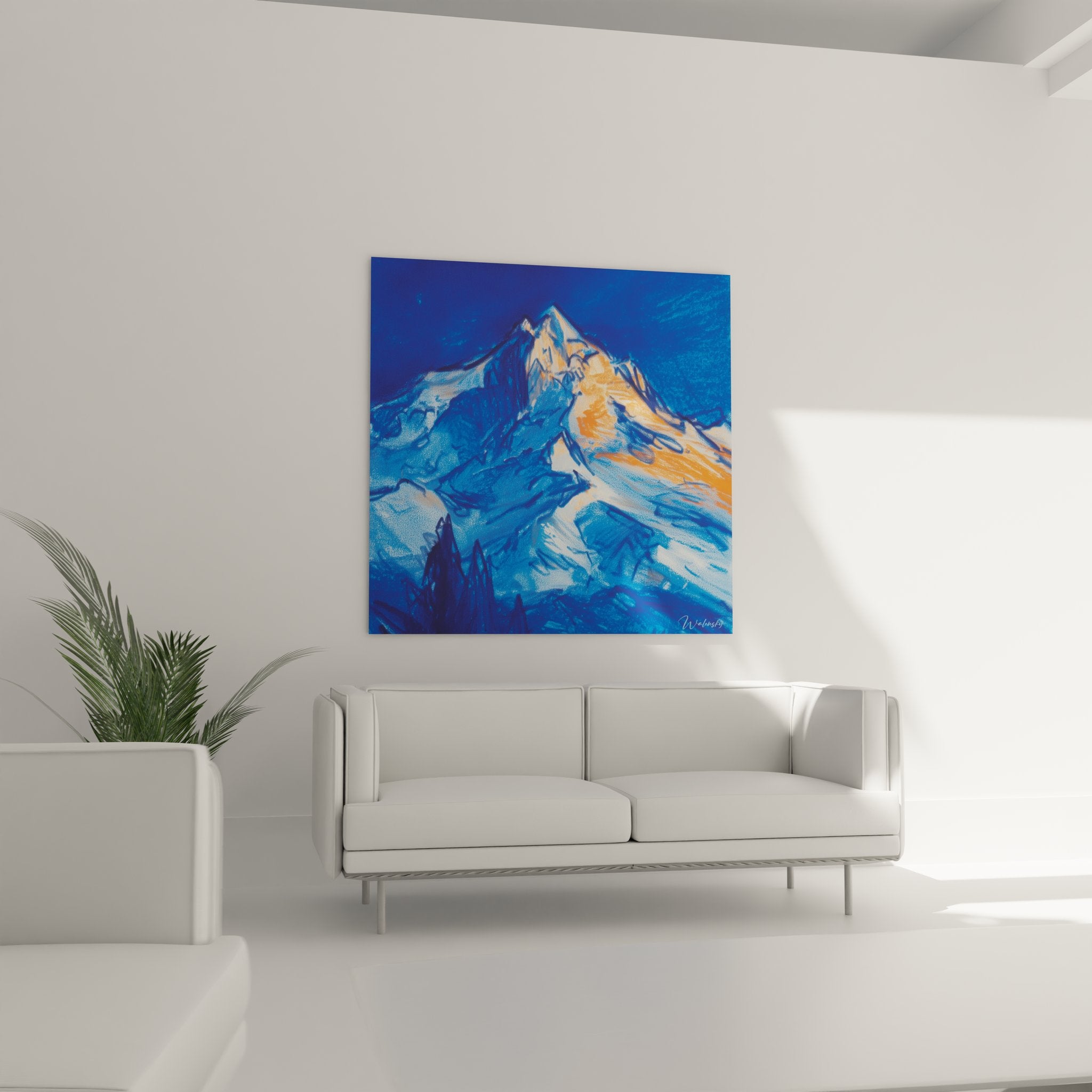 Détail peinture sommet enneigé, technique picturale reflets orangés sur neige et roche