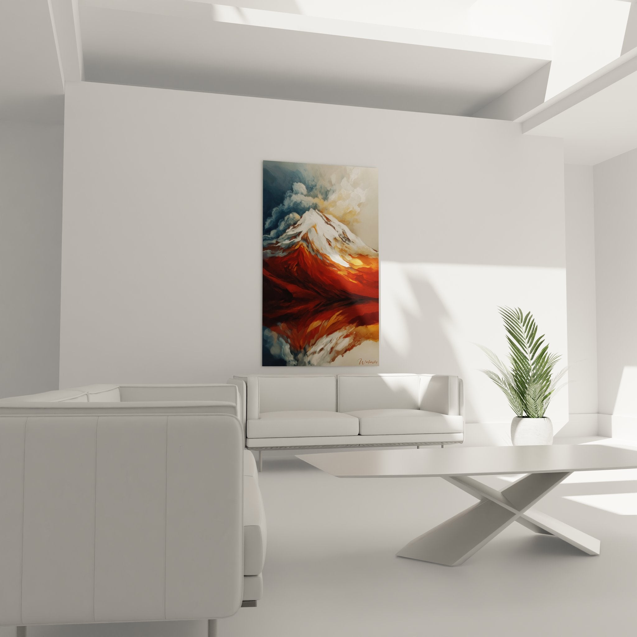 Gros plan détails tableau sommet enneigé, texture peinture montagne abstraite couleurs contrastées