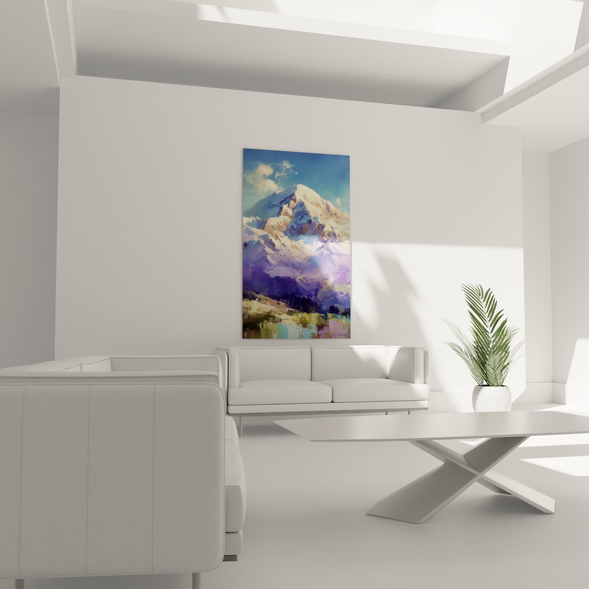 Gros plan détail peinture montagne enneigée texture empâtement couleurs bleu blanc impressionniste