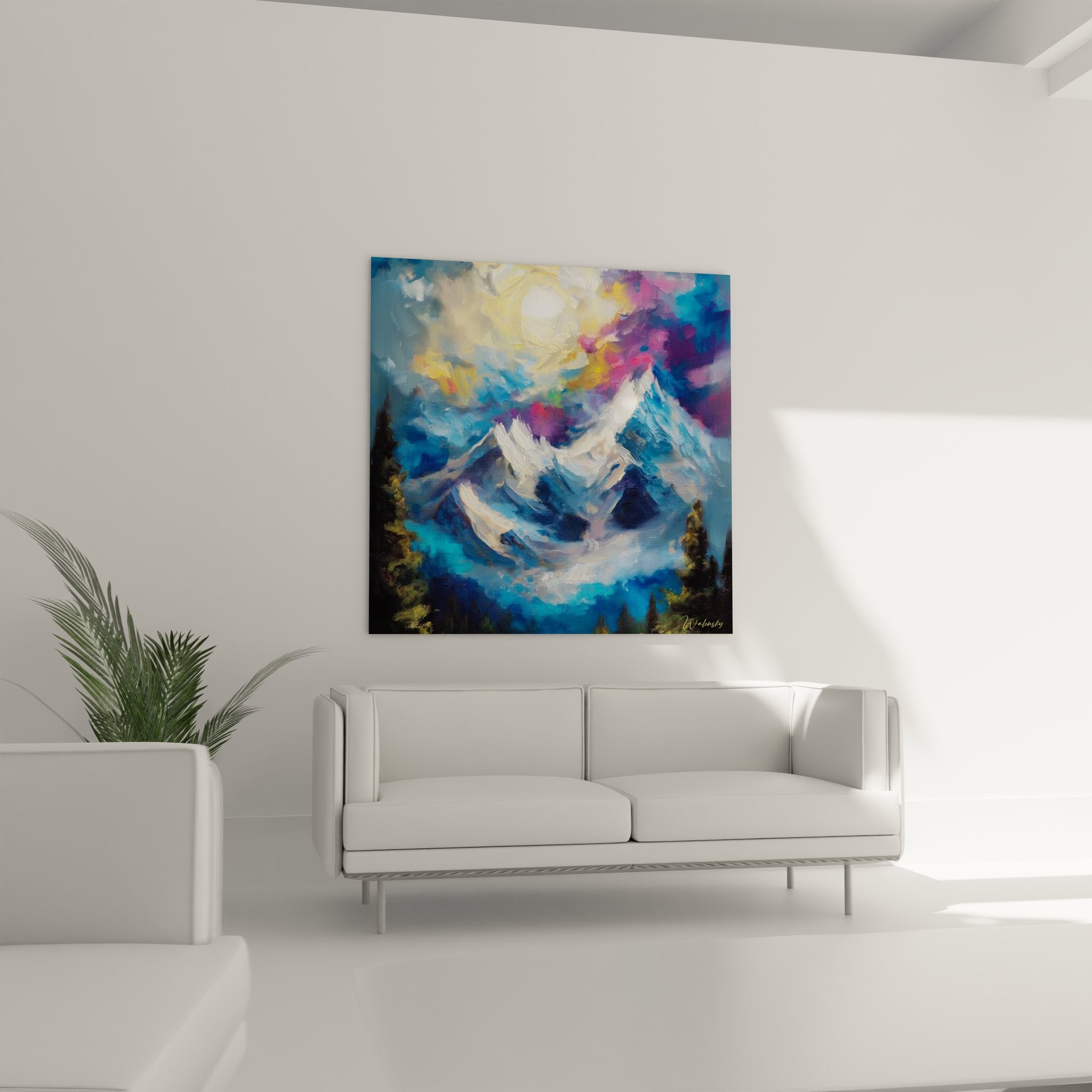 Détail tableau montagne - technique peinture sommets enneigés et ciel orageux coloré