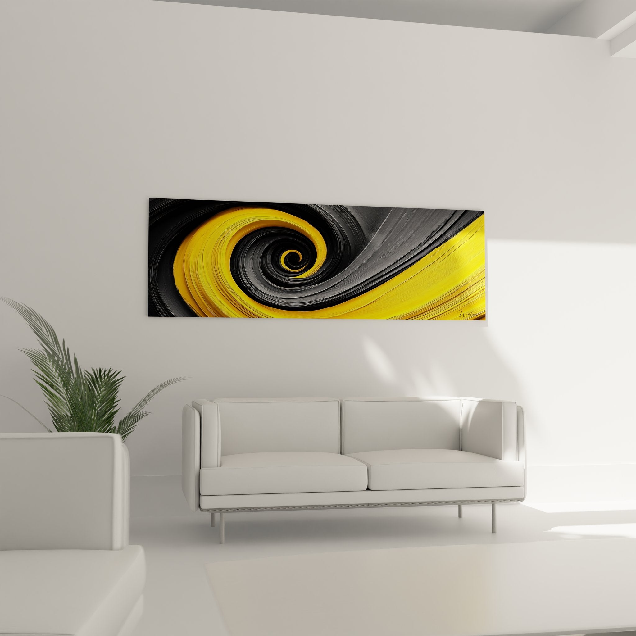 Détail peinture spirale abstraite texture jaune noir art mural contemporain qualité