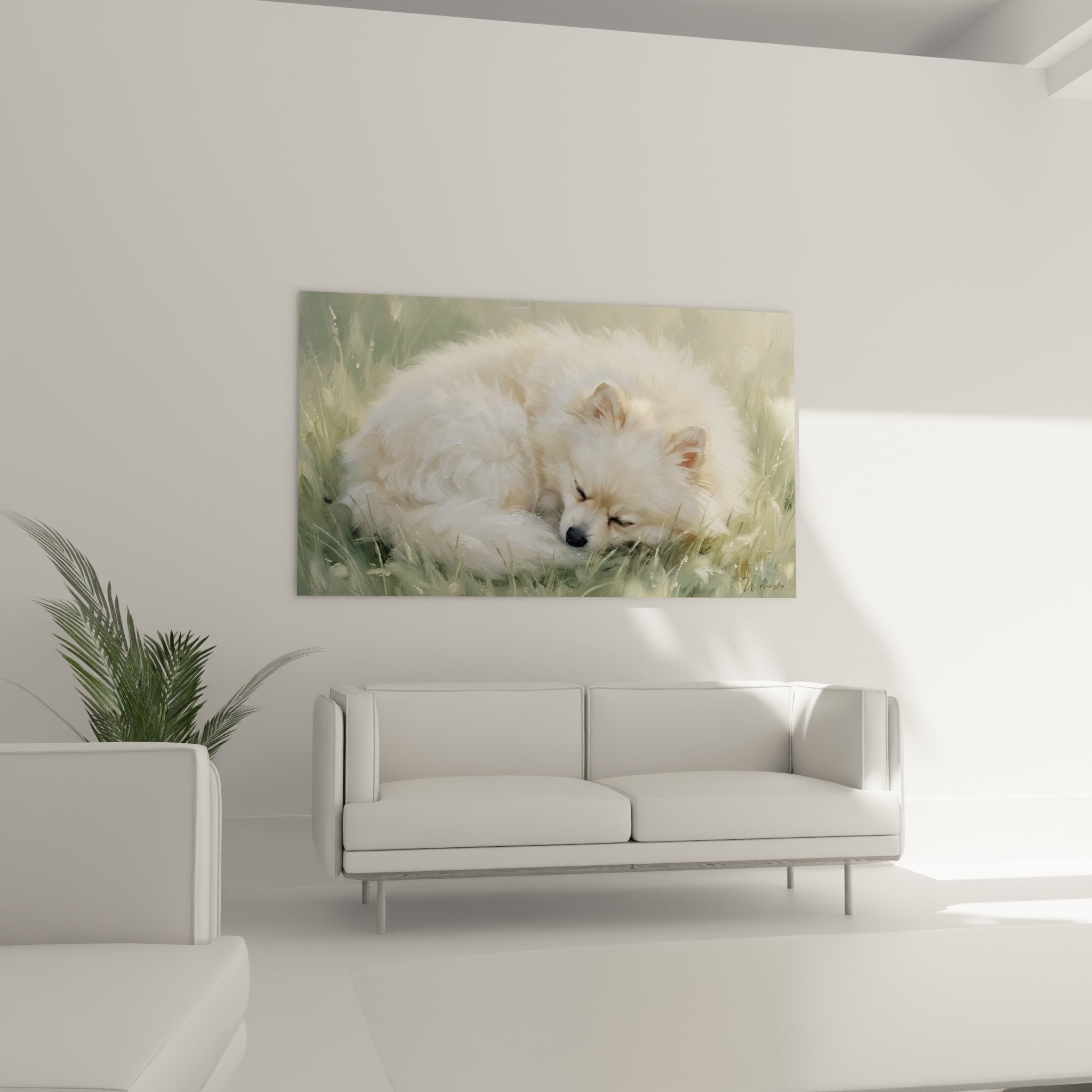 Détail peinture pelage blanc Spitz Poméranien technique impressionniste coups pinceau fluides