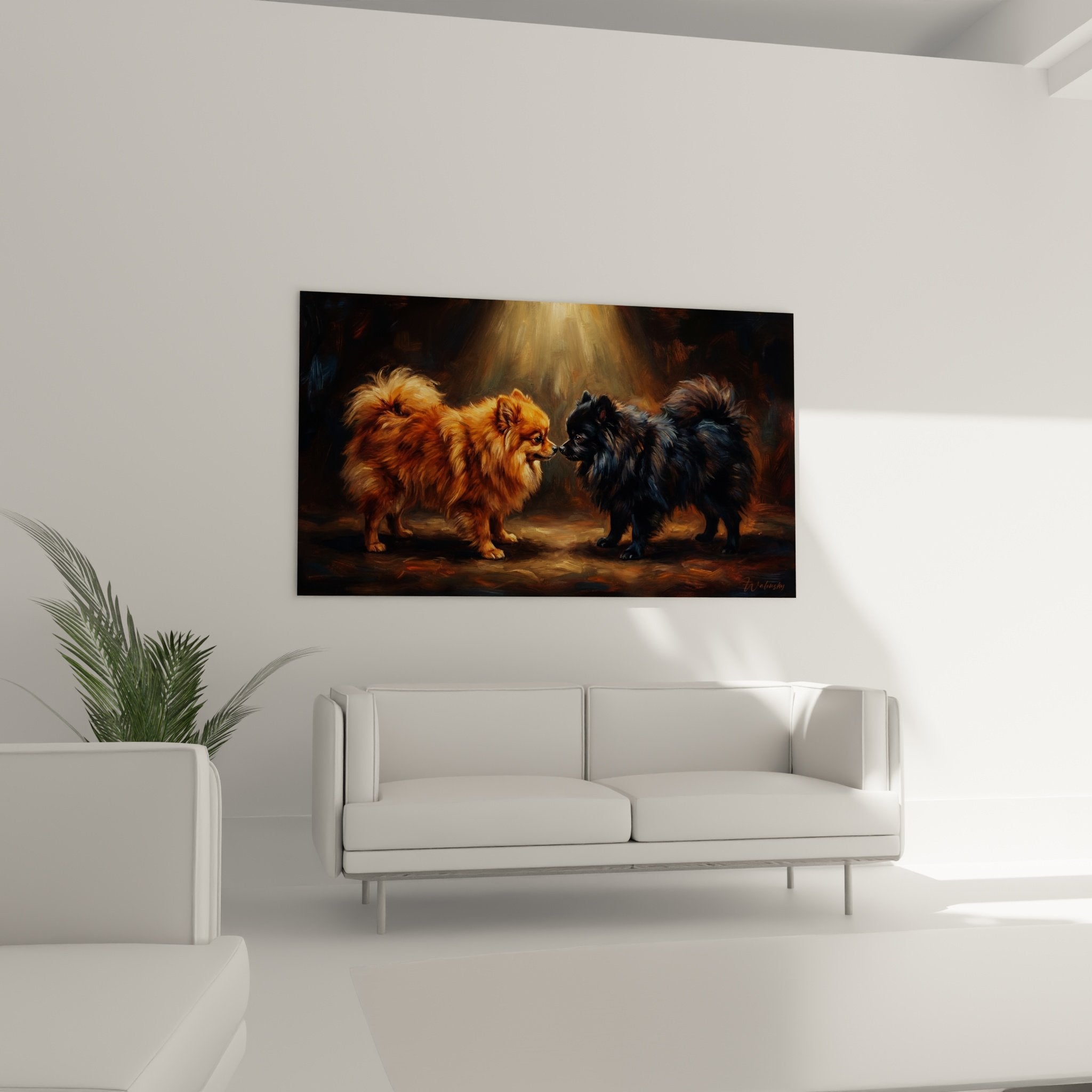 Detailansicht Spitz-Pomeranian-Gemälde, realistisches Fell mit Textur, goldenes Licht, malerische Technik