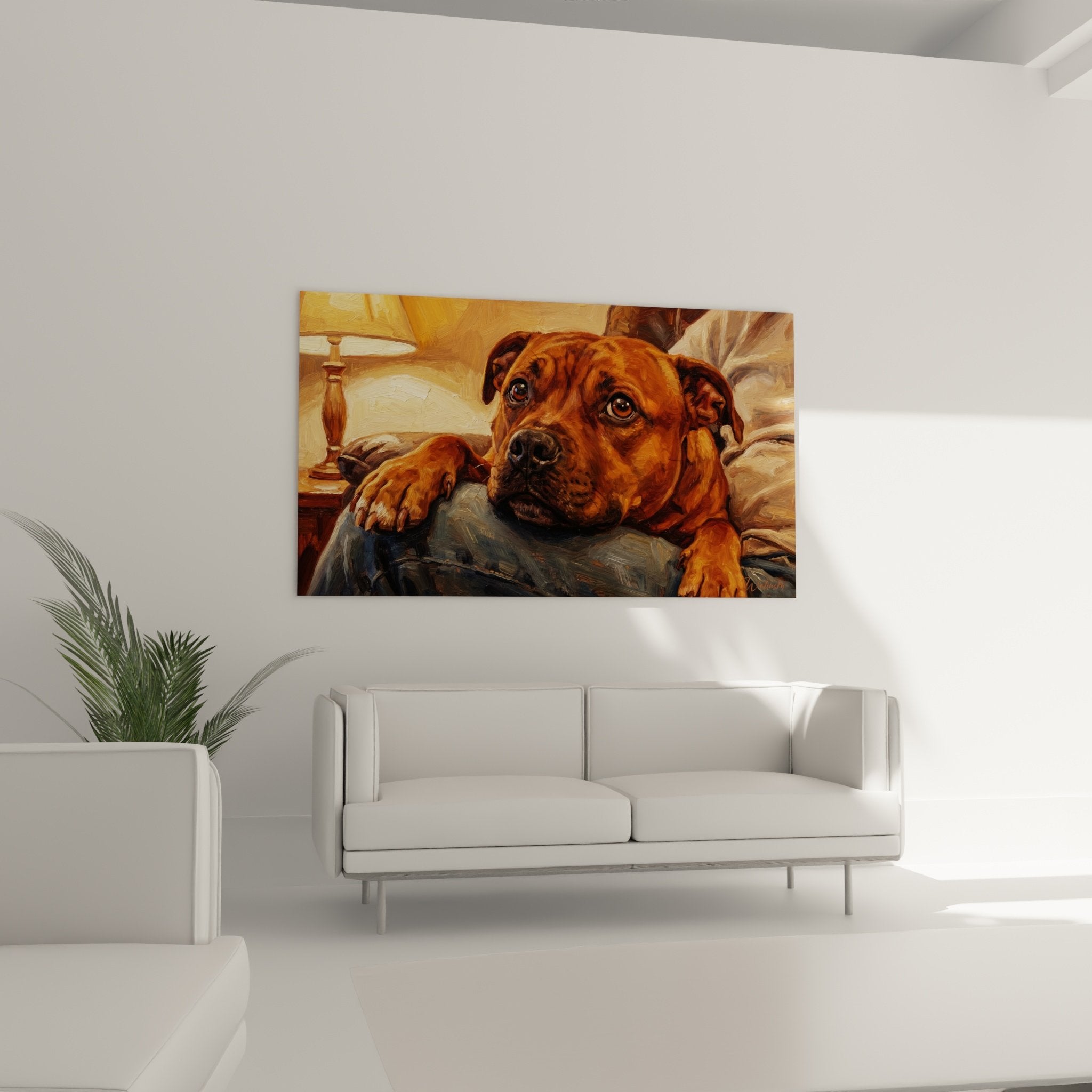 Detailaufnahme Gemälde Staffordshire Bull Terrier ausdrucksstarke Augen fahlgelbes Fell realistische Maltechnik