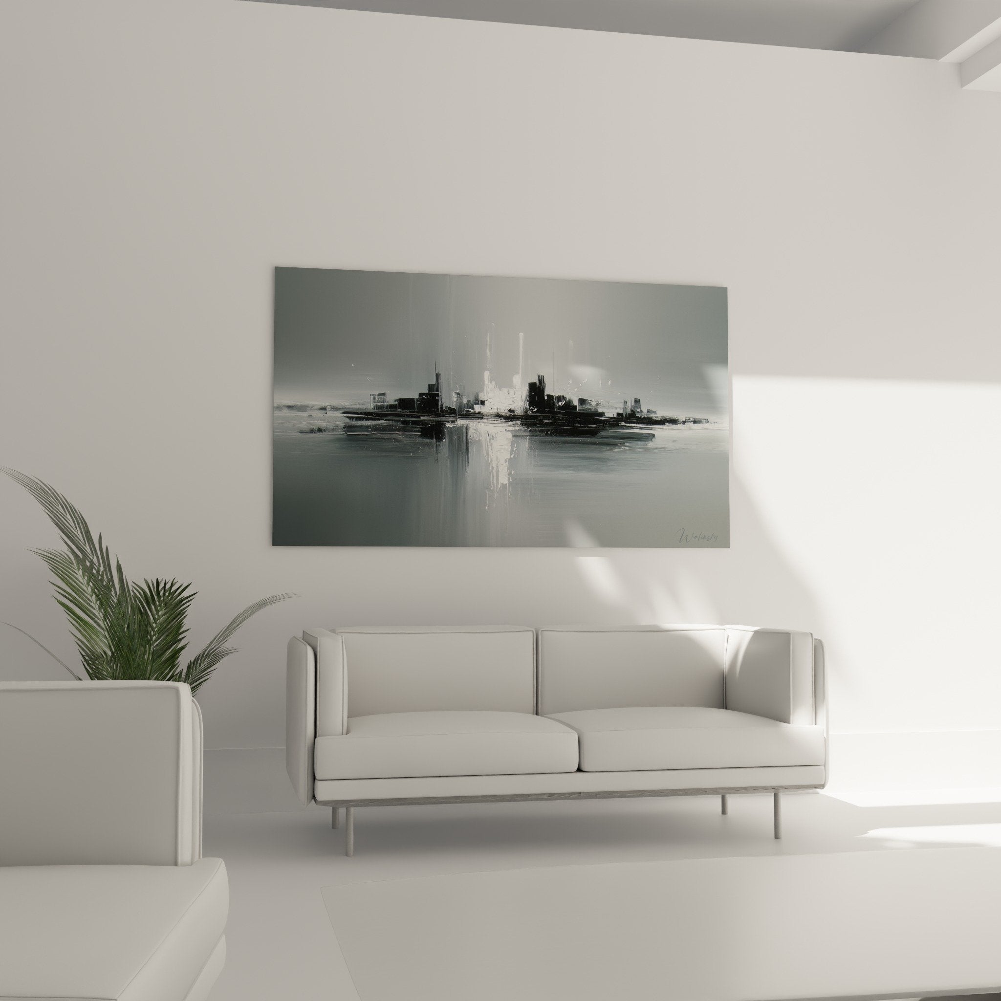 Detail empâtements peinture blanche tableau abstrait urbain gris composition feng shui ouest metal