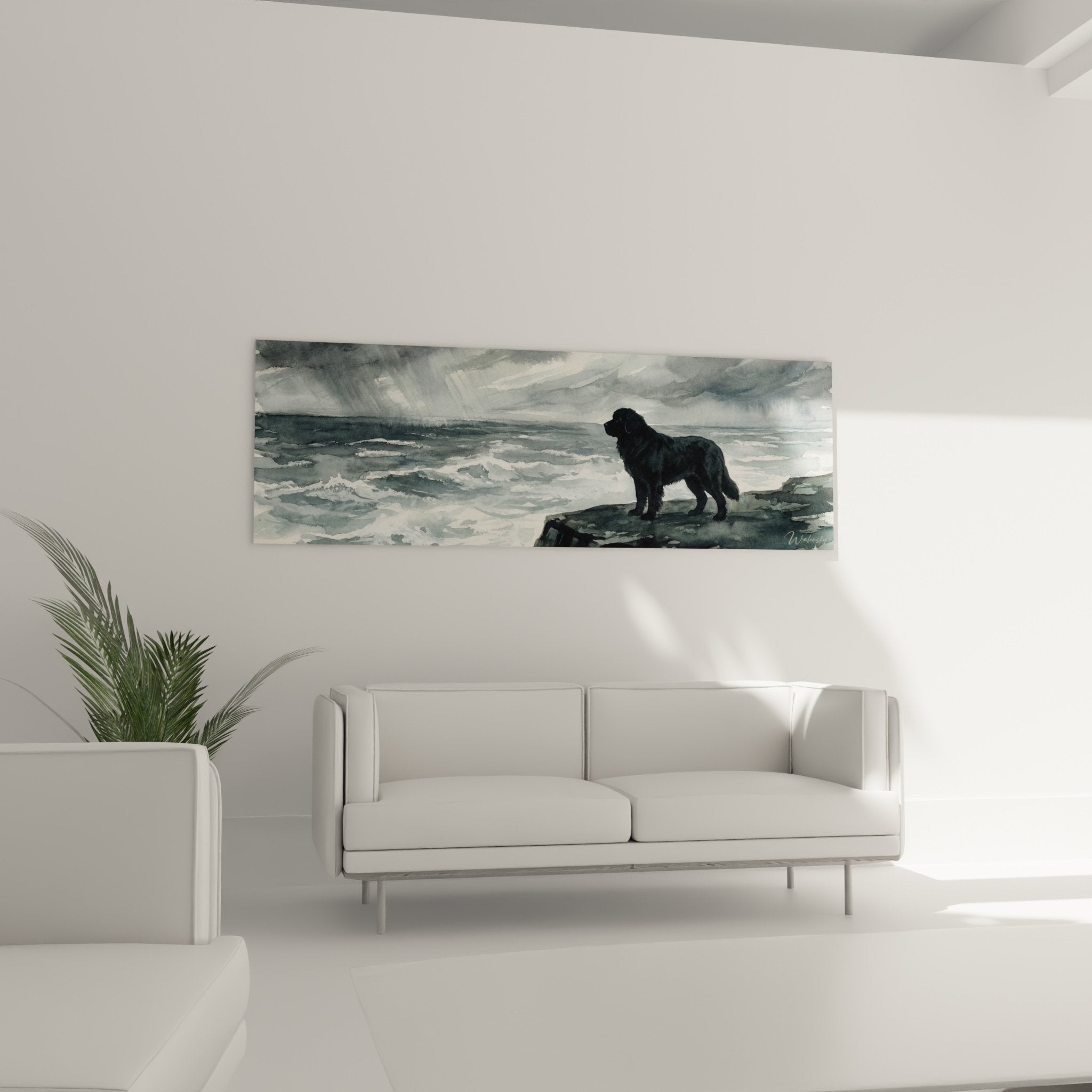 Détail peinture Terre Neuve noir, technique aquarelle nuances gris, silhouette majestueuse