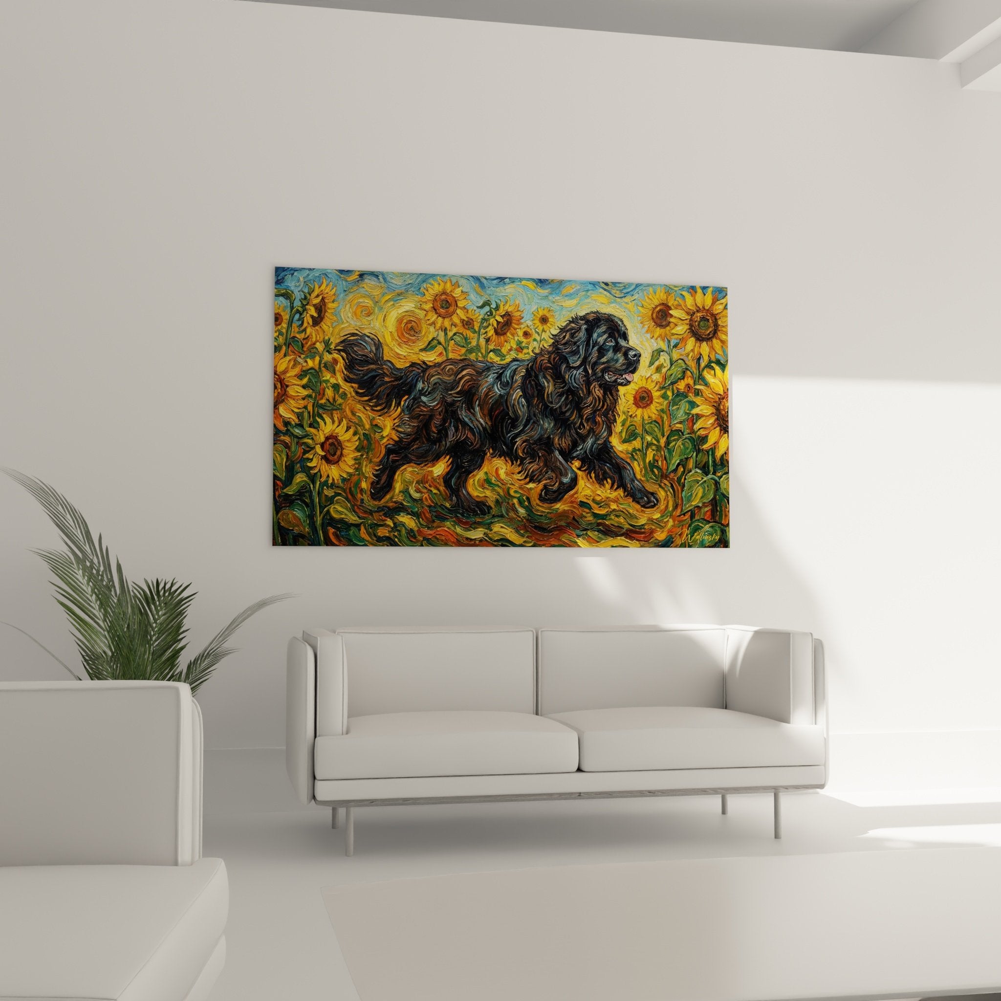 Détail peinture Terre Neuve pelage noir texturé tournesols dorés technique post-impressionniste