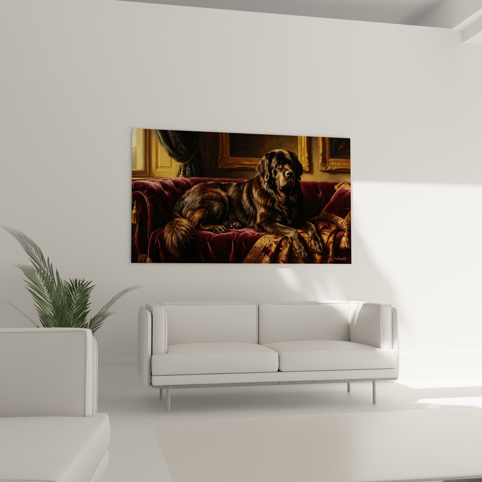 Détail peinture Terre Neuve pelage brun noir velours bordeaux qualité artistique