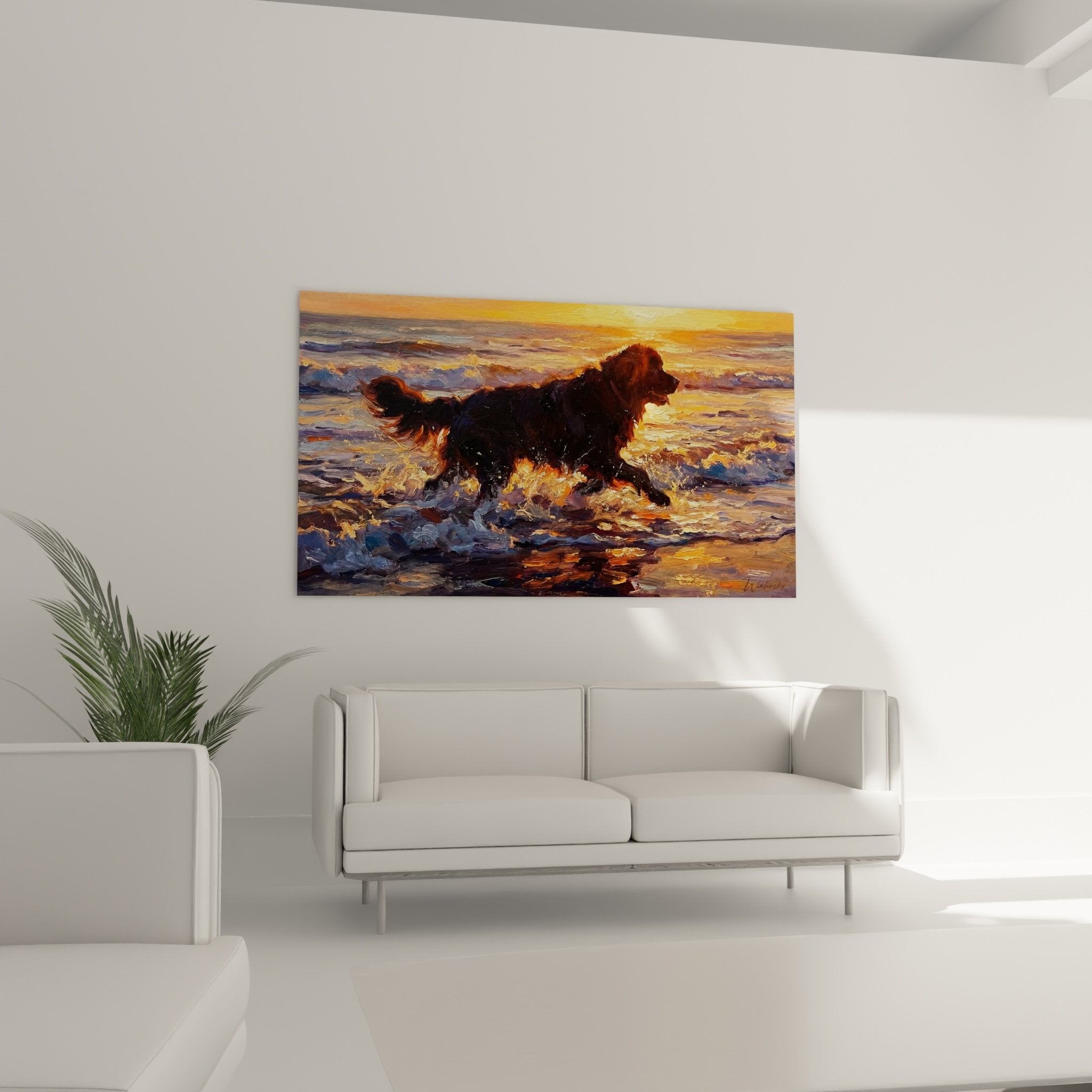 Détail peinture empâtements Terre Neuve pelage noir reflets dorés éclaboussures eau texture