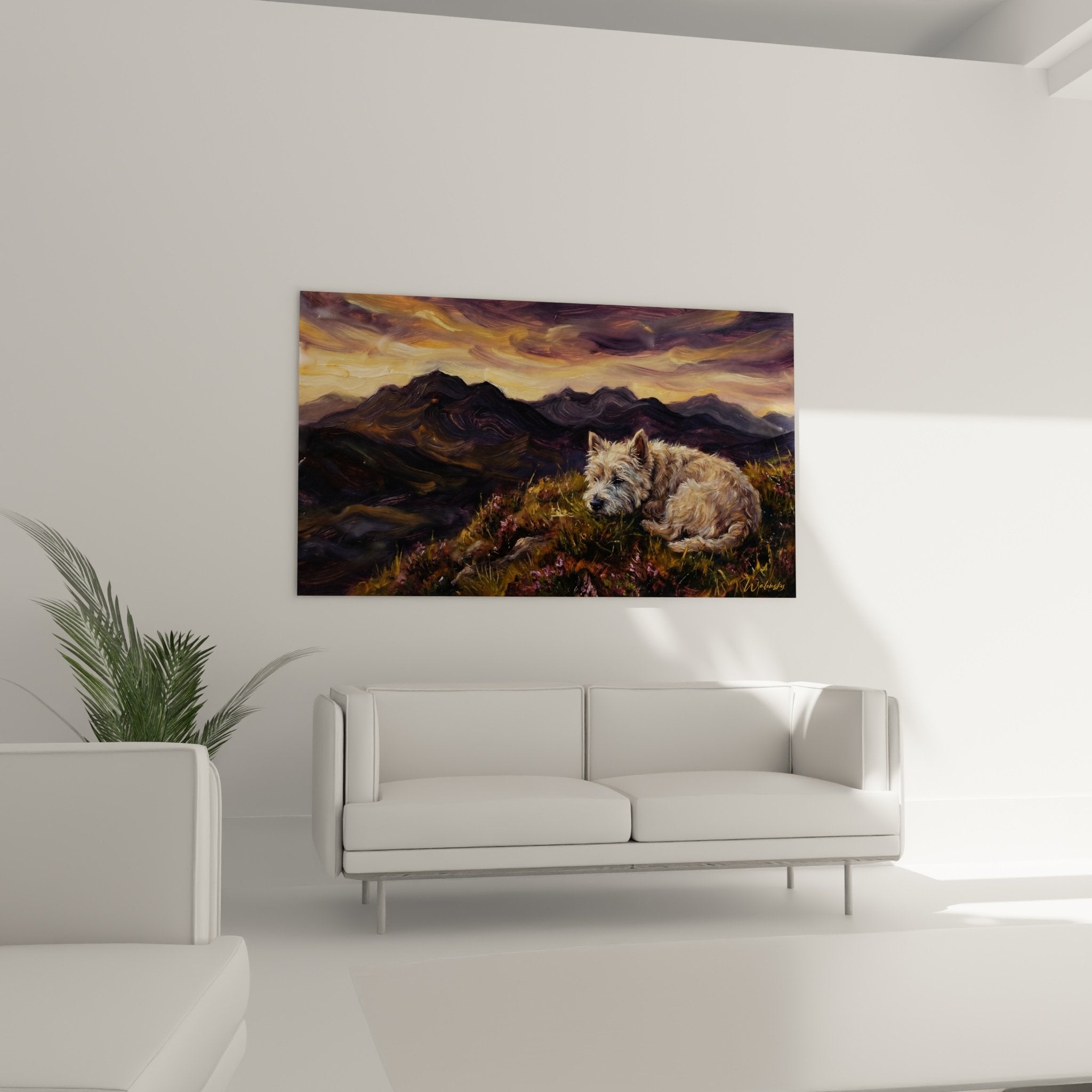 Detail peinture West Highland White Terrier pelage blanc texture bruyere violette technique artistique