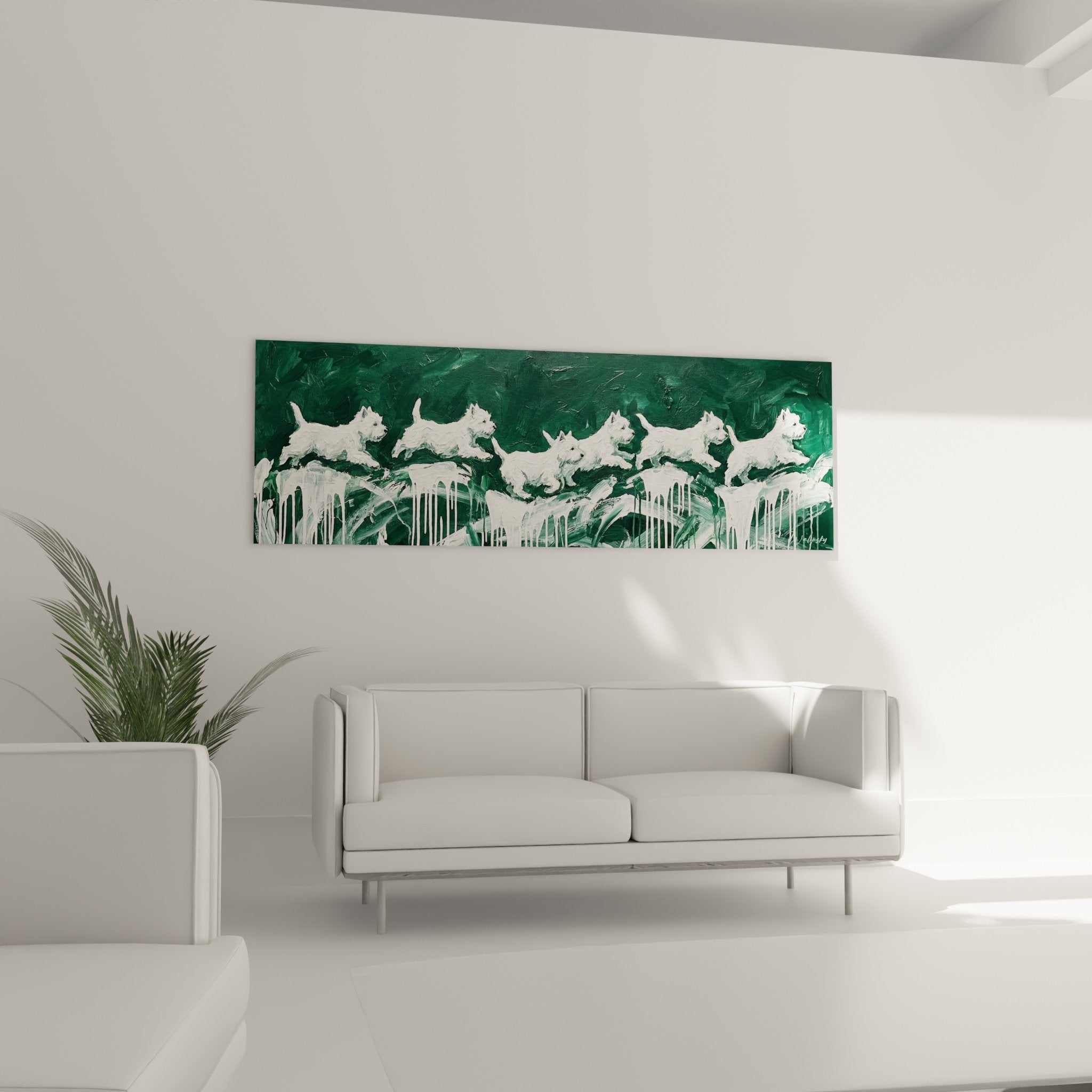 Détail rapproché peinture terriers blancs, technique gestuelle et coulures, contraste vert et blanc