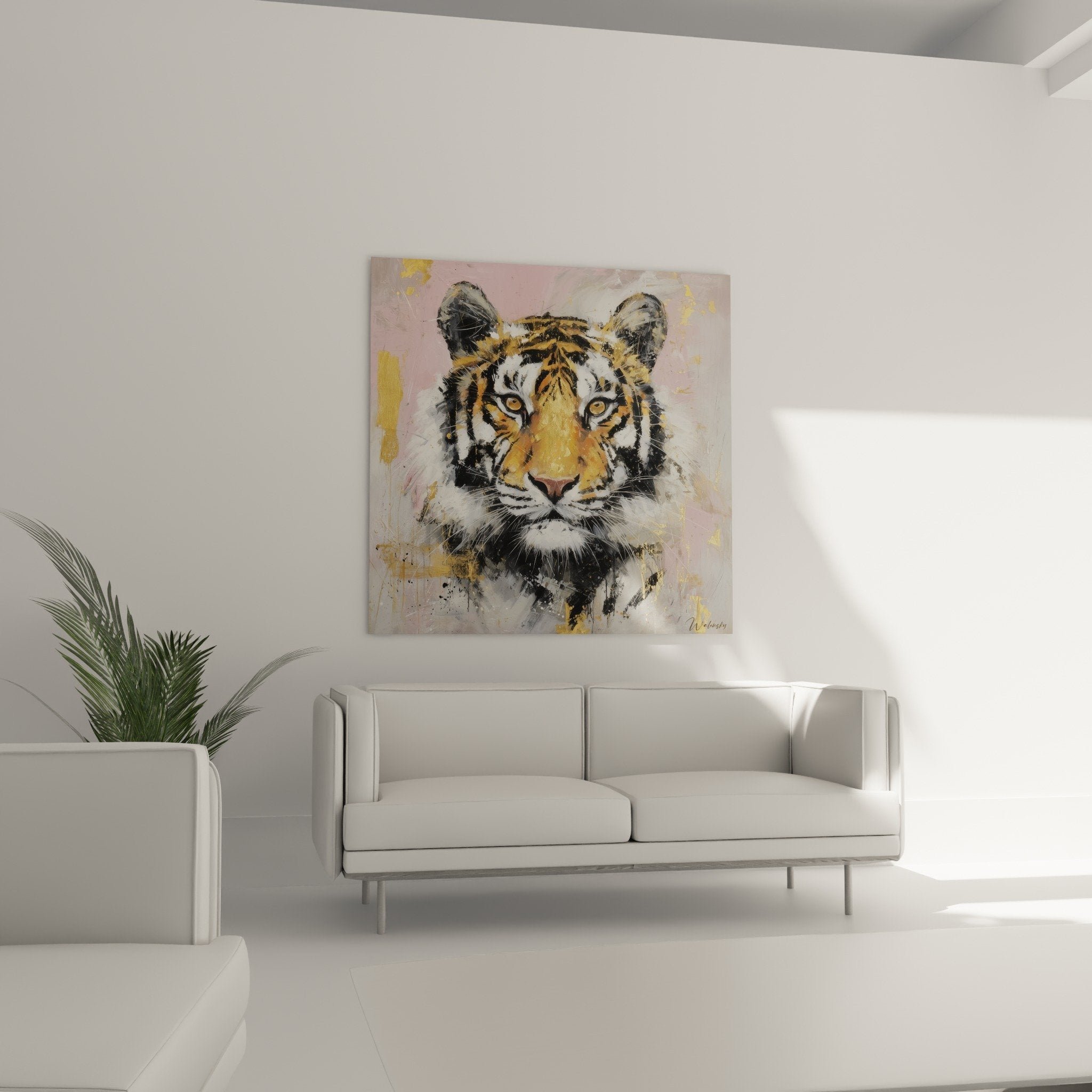 Detail tableau tigre expressionniste, textures dorees et coups de pinceau, technique mixte peinture contemporaine