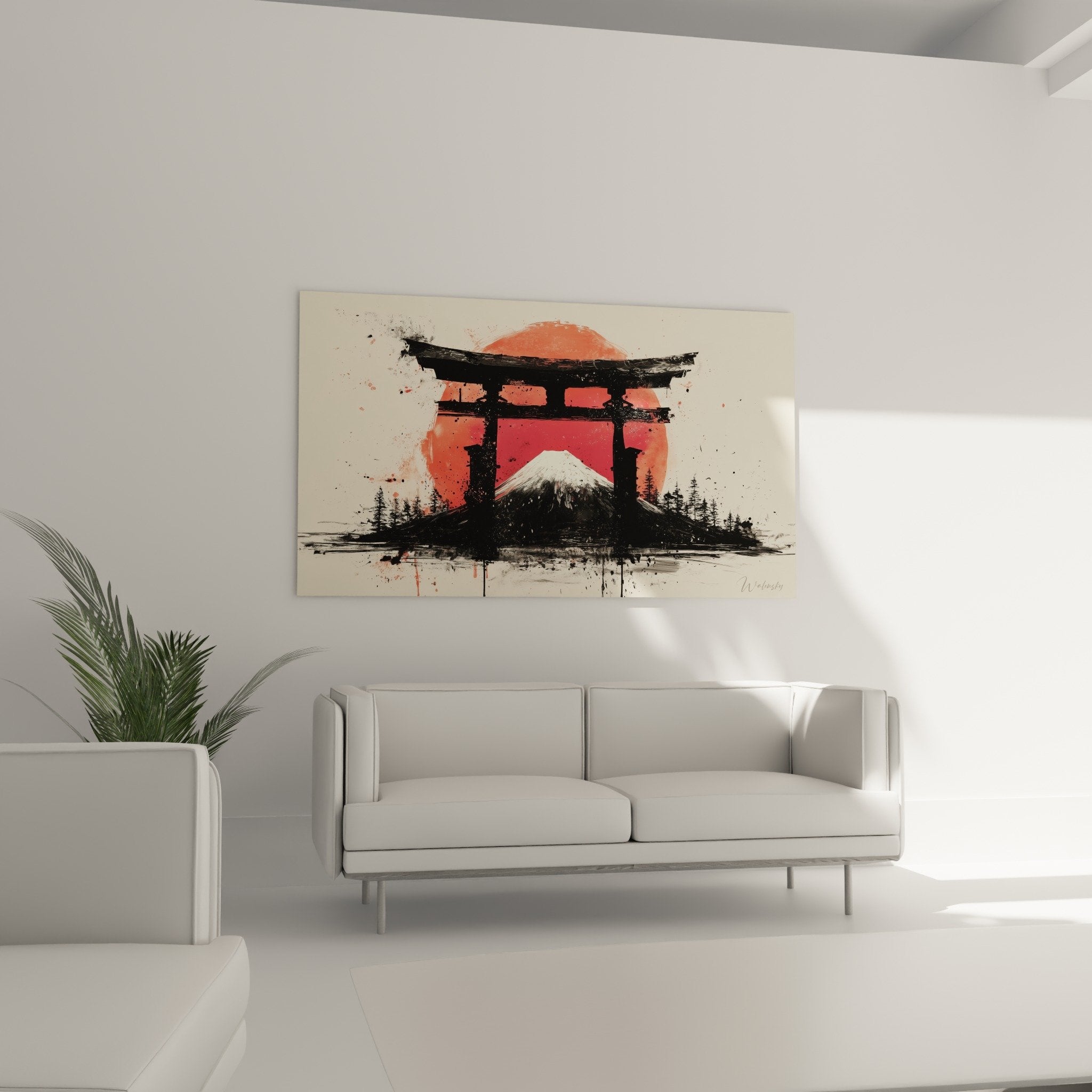 Détail rapproché peinture torii noir avec projections rouge et mont Fuji aquarelle technique mixte