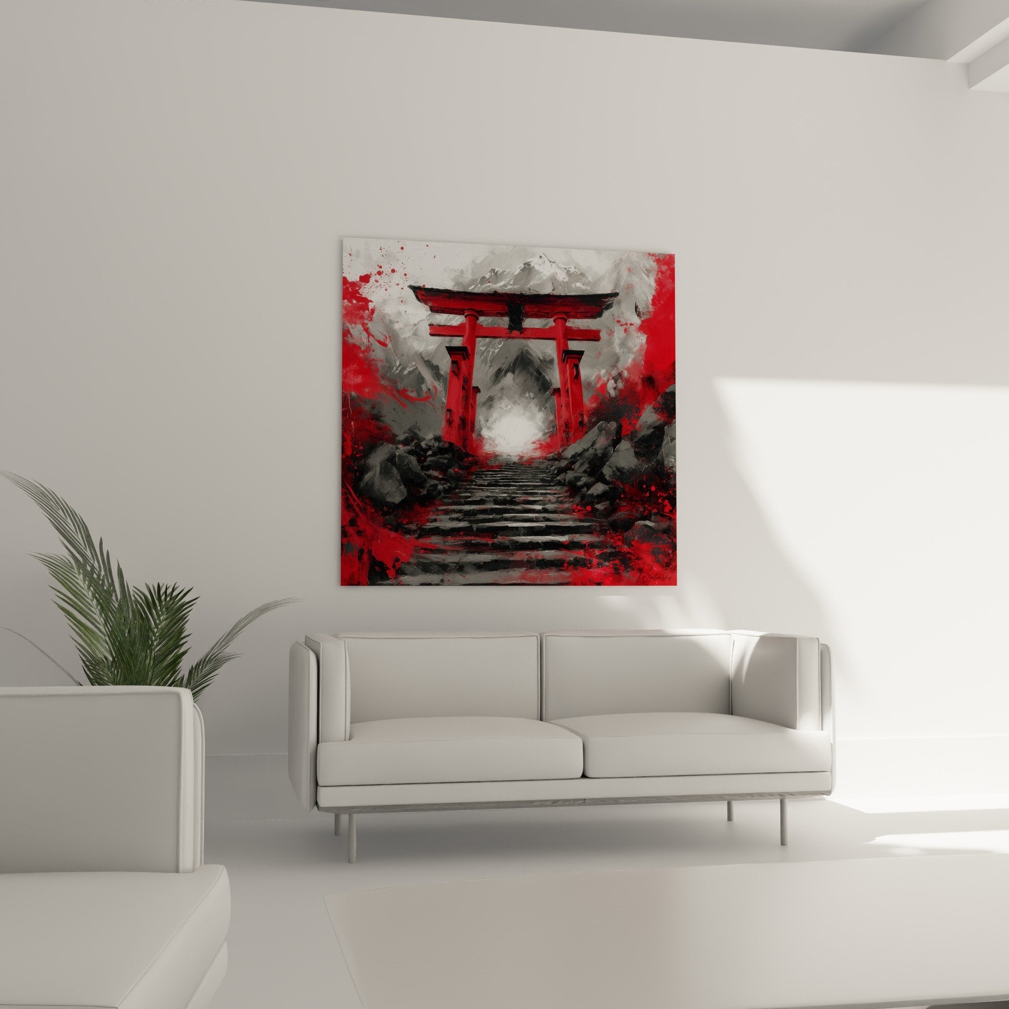 Détail peinture expressionniste torii rouge vermillon avec texture éclaboussures et nuances grises