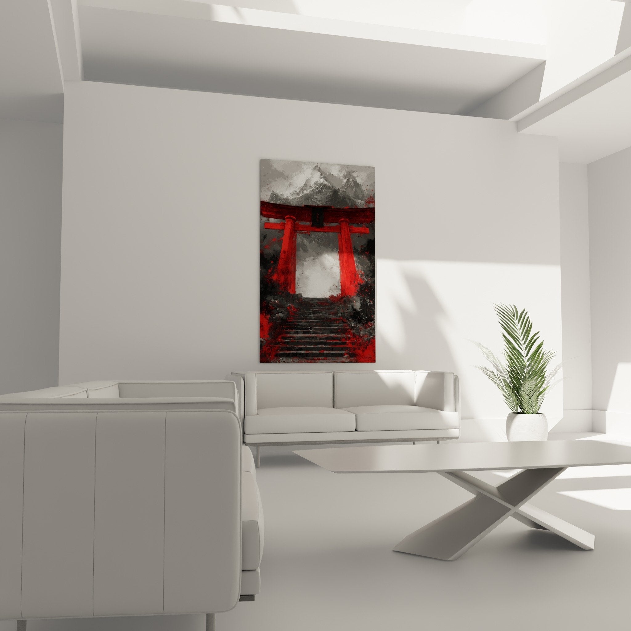 Detail peinture torii rouge vermillon avec textures coulures et effets artistiques contemporains
