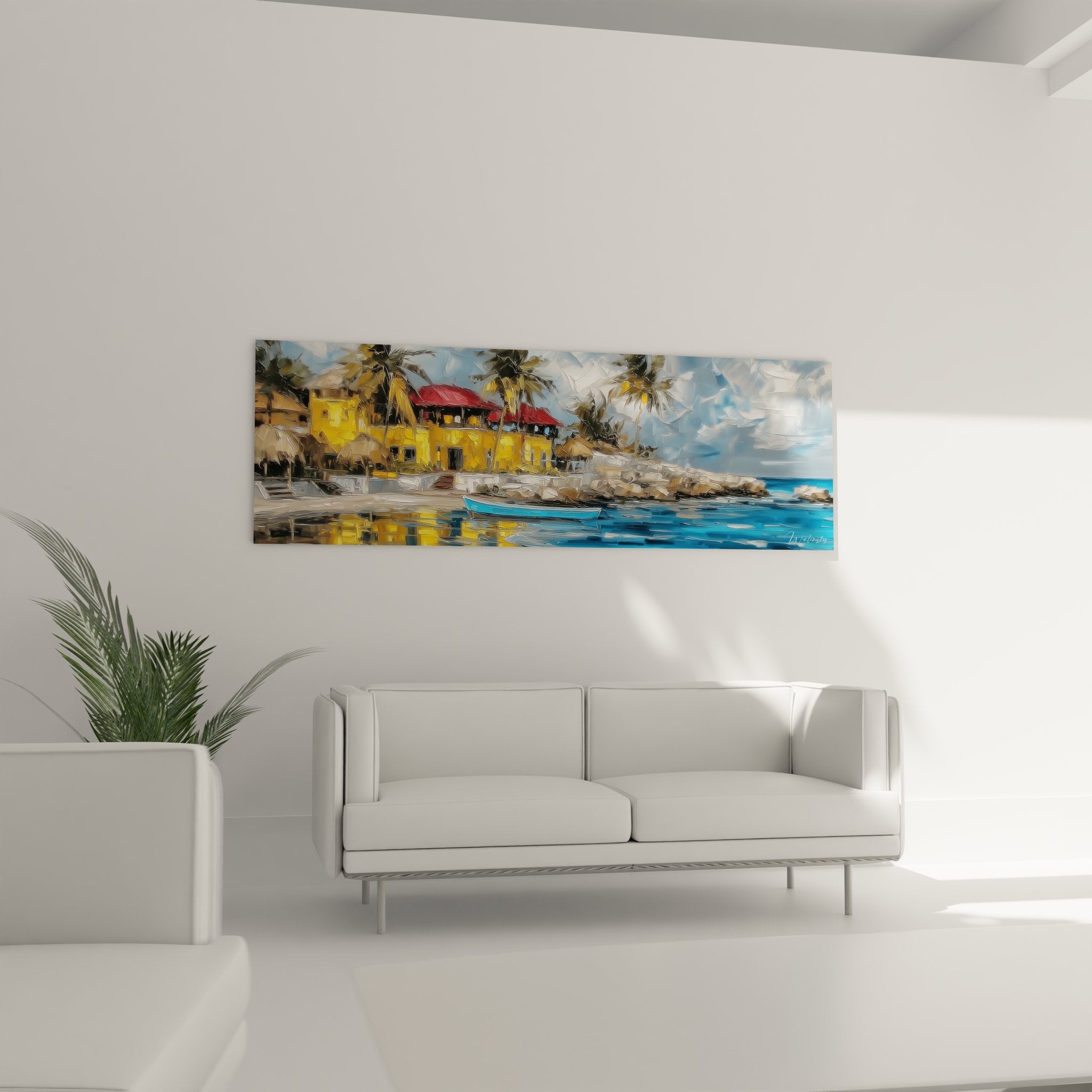 Détail tableau peinture village méditerranéen maisons jaunes architecture traditionnelle côtière