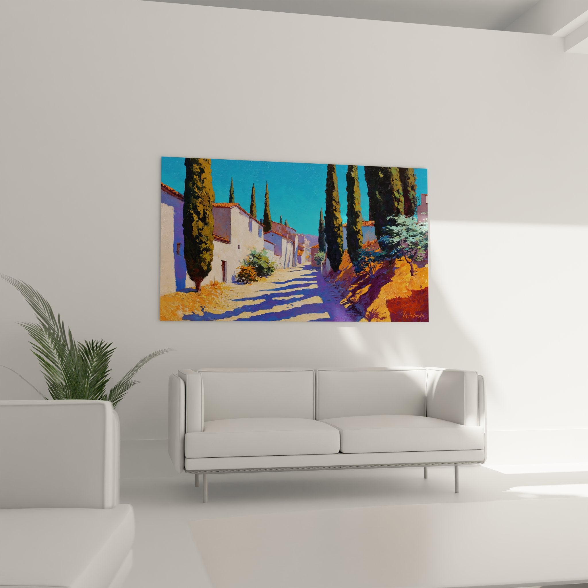 Détail tableau village provençal, technique peinture cyprès et architecture méditerranéenne