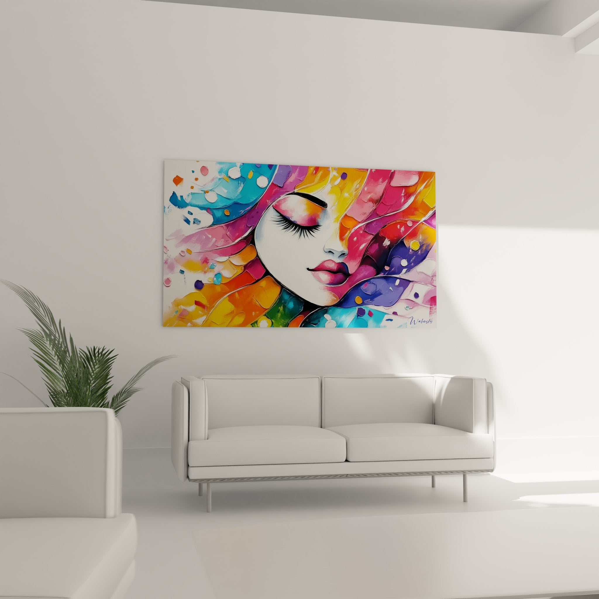 Détail tableau visage féminin peinture abstraite couleurs éclatantes texture