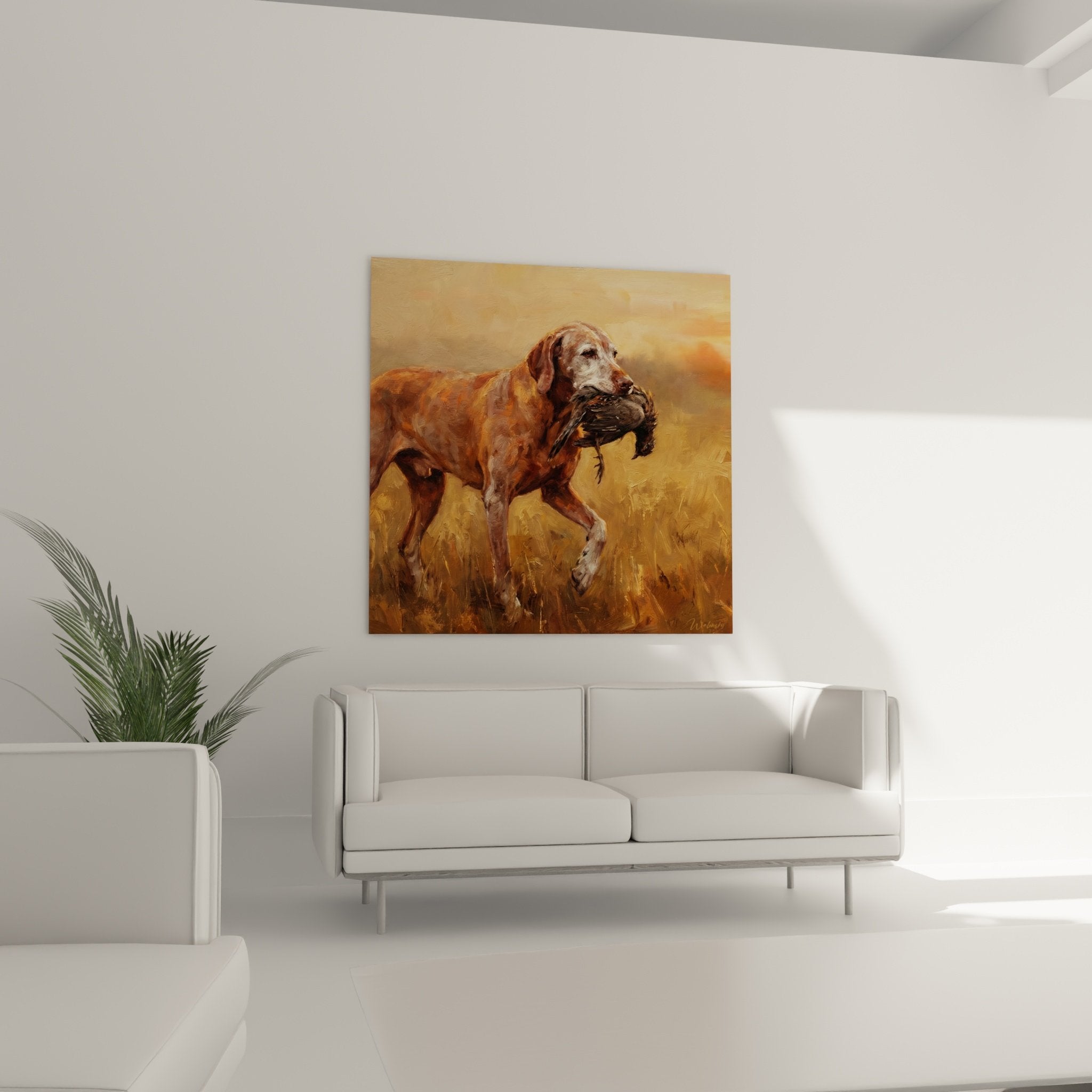Detail Vizsla-Gemälde, roter Hund hält Vogel, ausdrucksstarke Pinseltechnik, Fell mit Kupferglanzlichtern