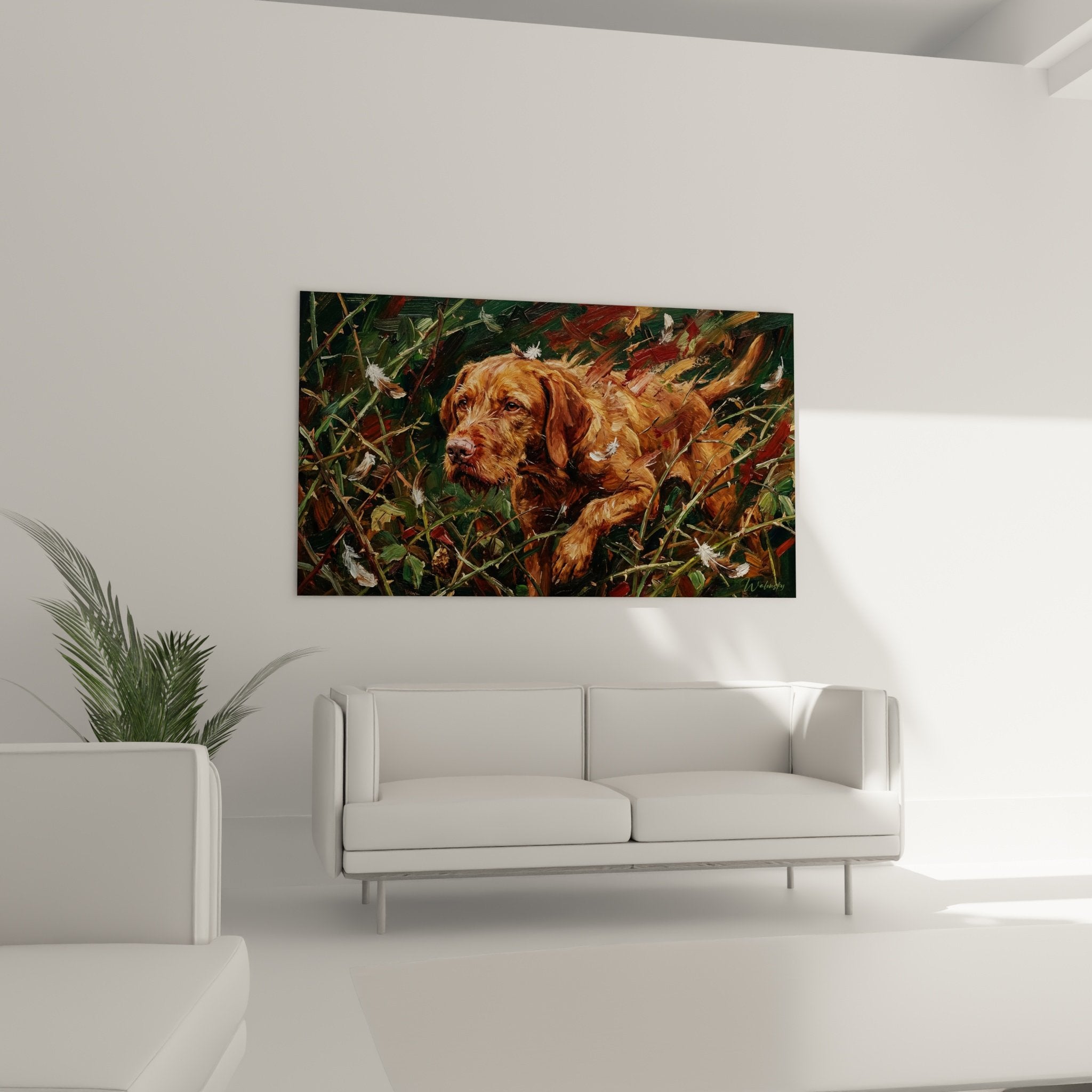 Détail rapproché peinture Vizsla, coups pinceau expressifs pelage cuivré et regard ambré intense