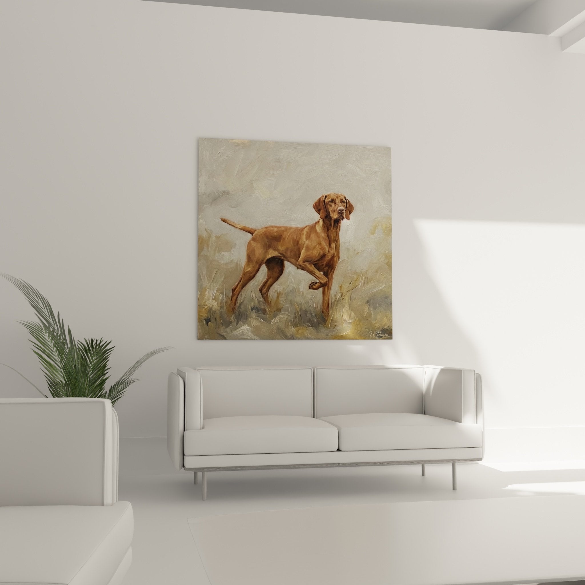 Vizsla-Gemäldedetail, Textur des rötlich-goldenen Fells und konzentrierter Ausdruck des Jagdhundes