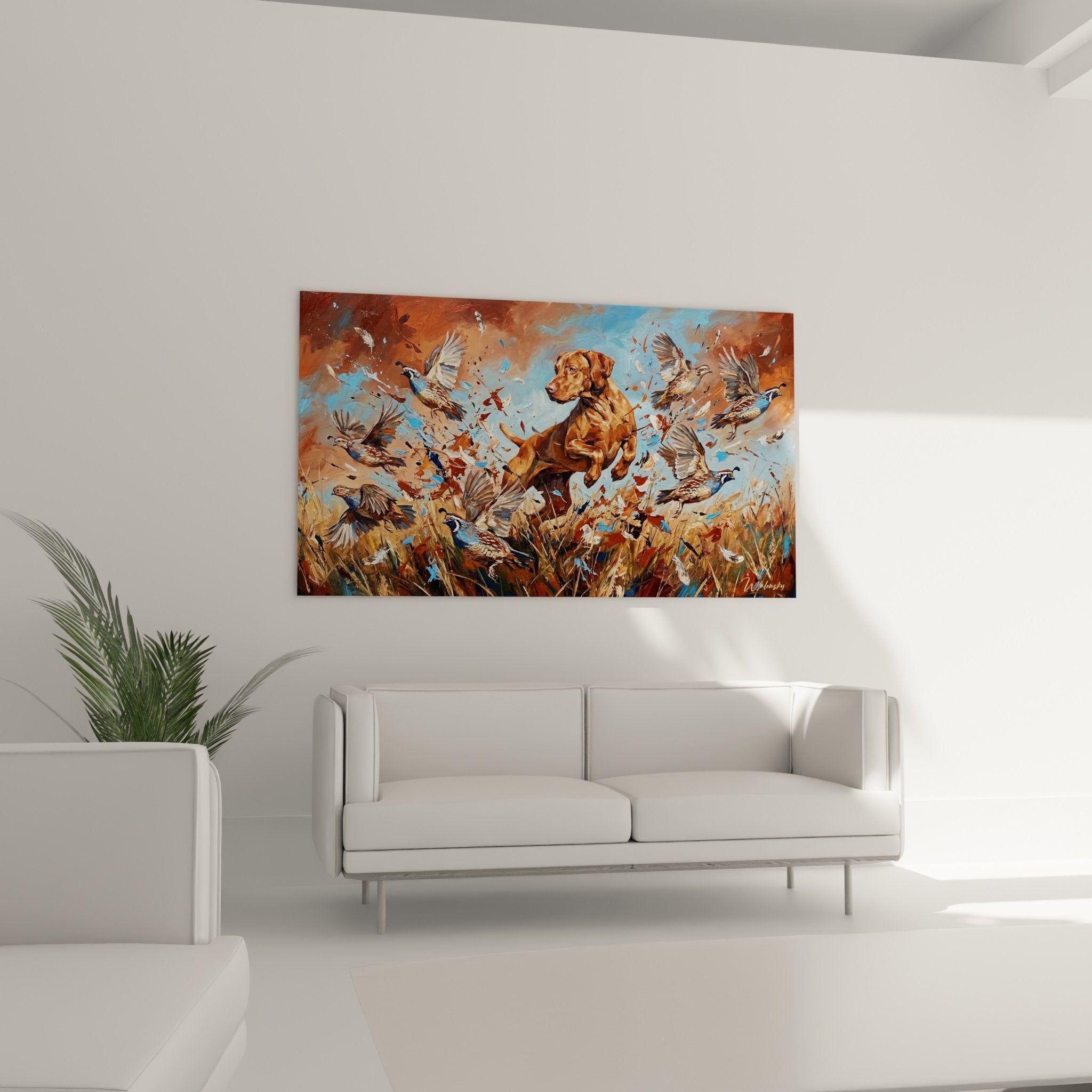 Détail peinture Vizsla plumes cailles texture empâtement couleurs ocre