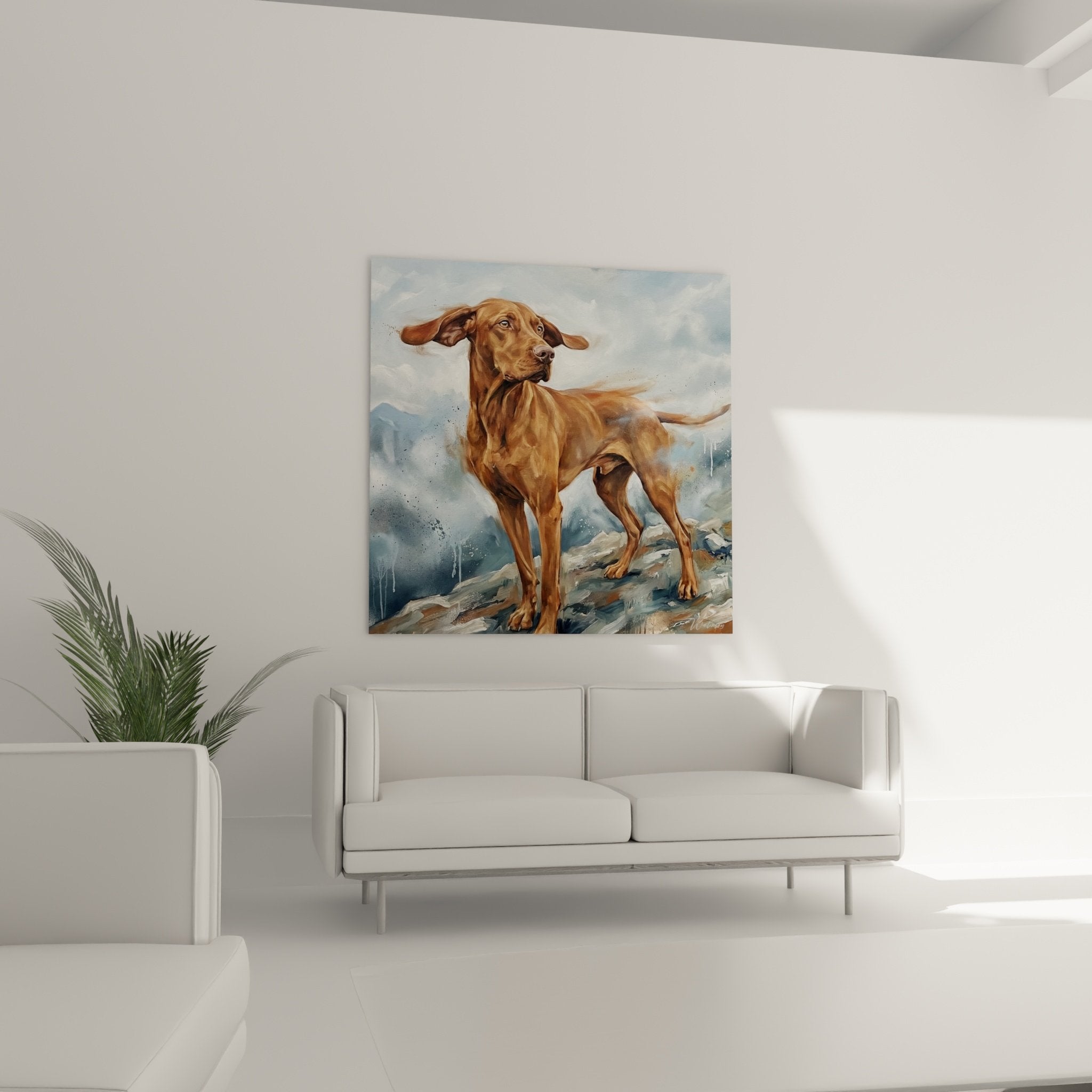Détail peinture Vizsla roux aux yeux expressifs, technique réaliste nuances dorées et cuivrées