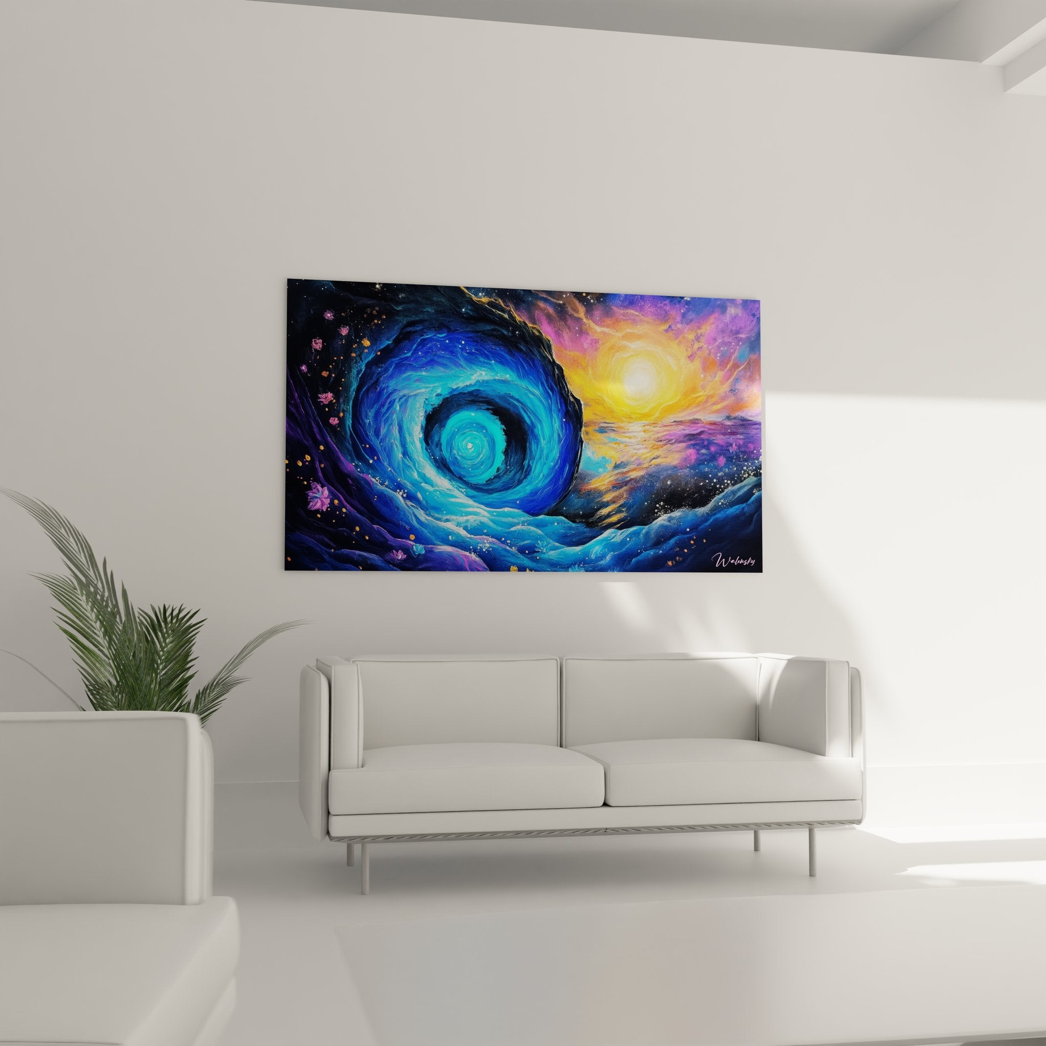 Détail rapproché peinture vortex abstrait montrant textures et nuances bleues cosmiques