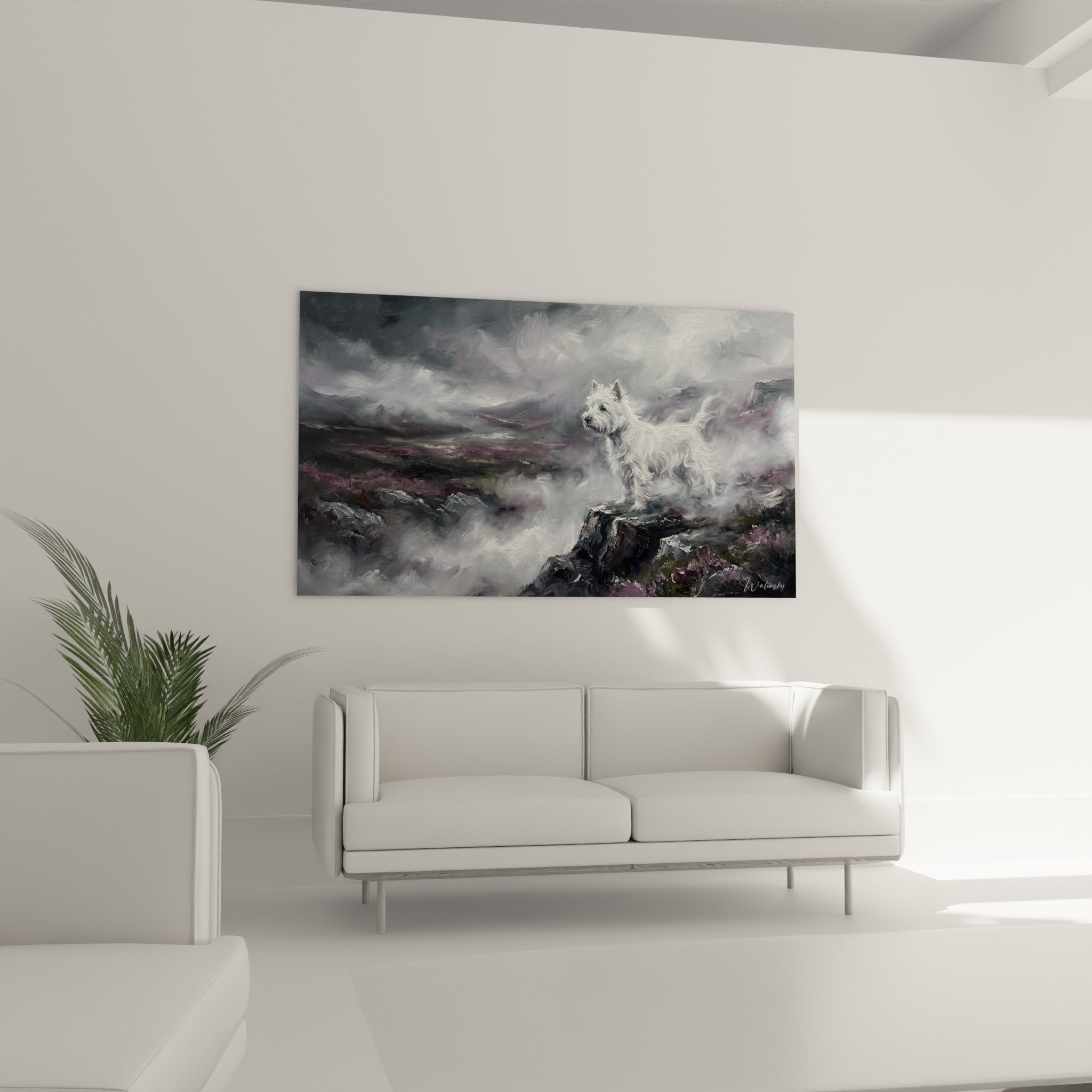 Détail peinture West Highland Terrier blanc, technique empâtement sur fond de brumes violacées