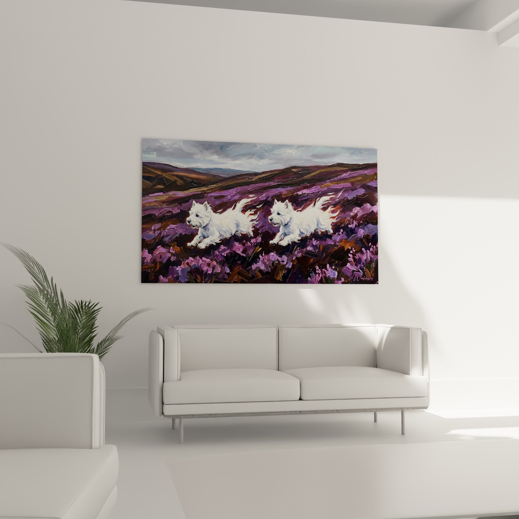 Détail pinceau peinture West Highland White Terrier pelage blanc bruyère violette texture empâtement