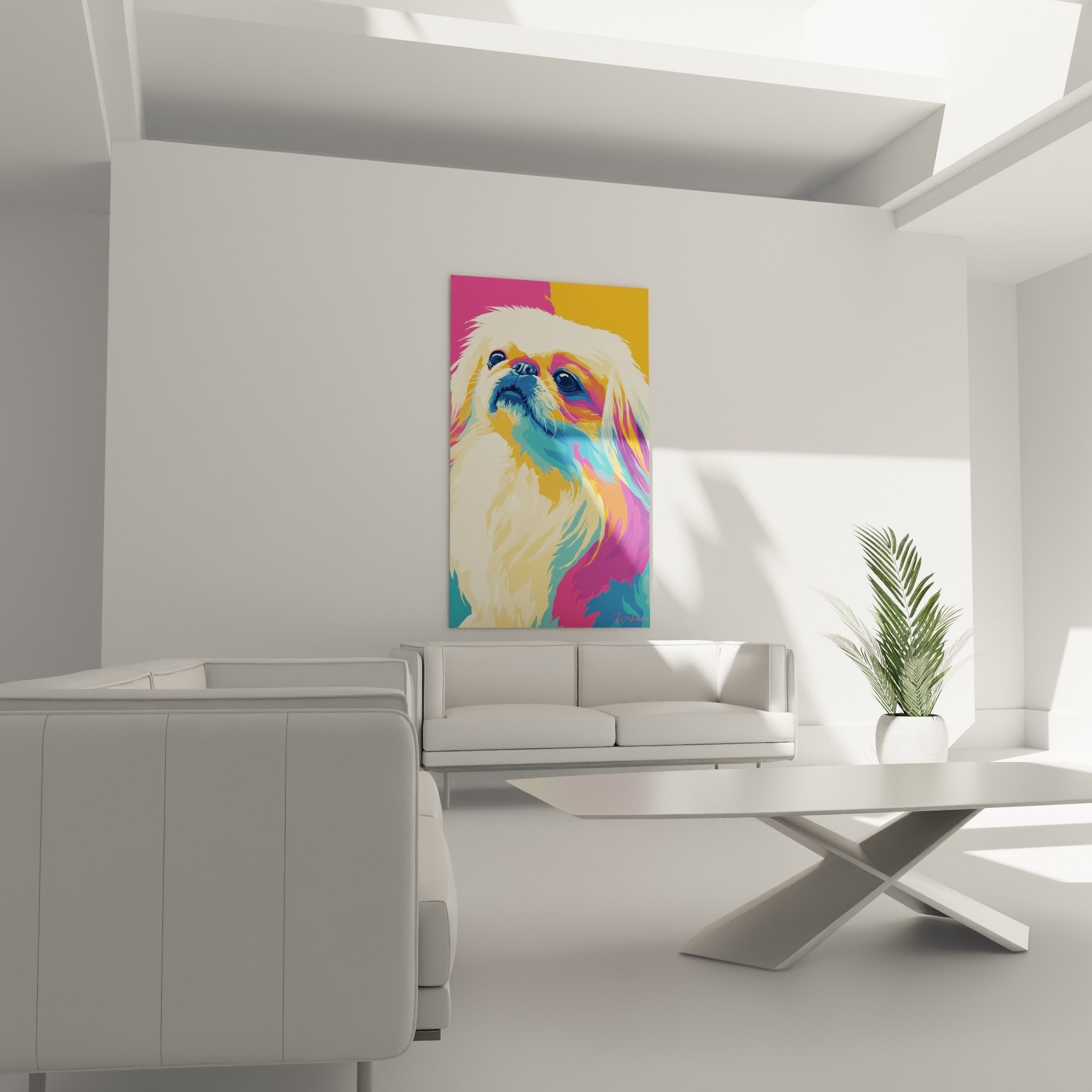 Pekingese-Details, Regenbogenfarben, weißes Fell mit blauen Reflexen, moderne Malerei