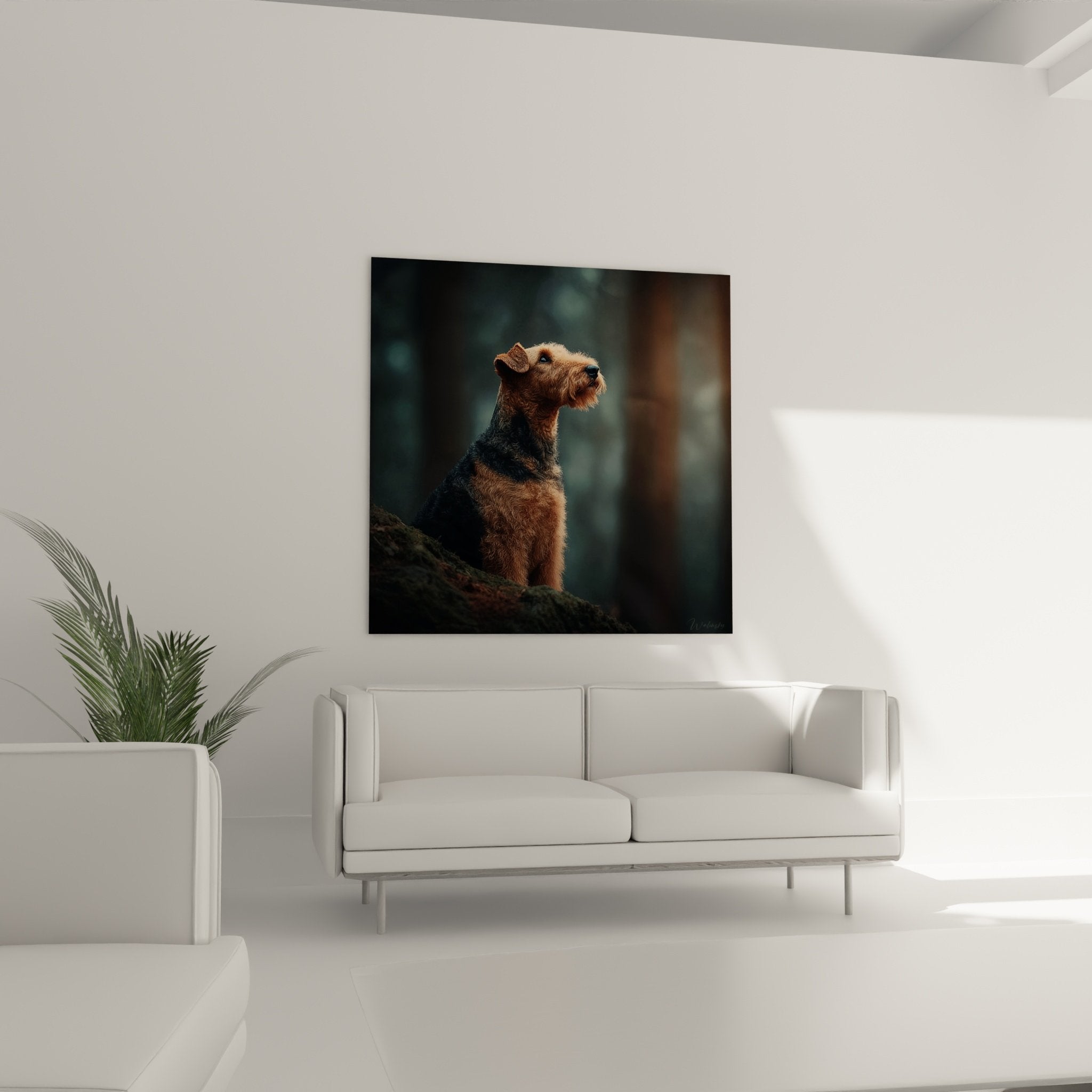 Détail du pelage fauve et noir d'un Airedale Terrier au regard pensif dans un portrait artistique
